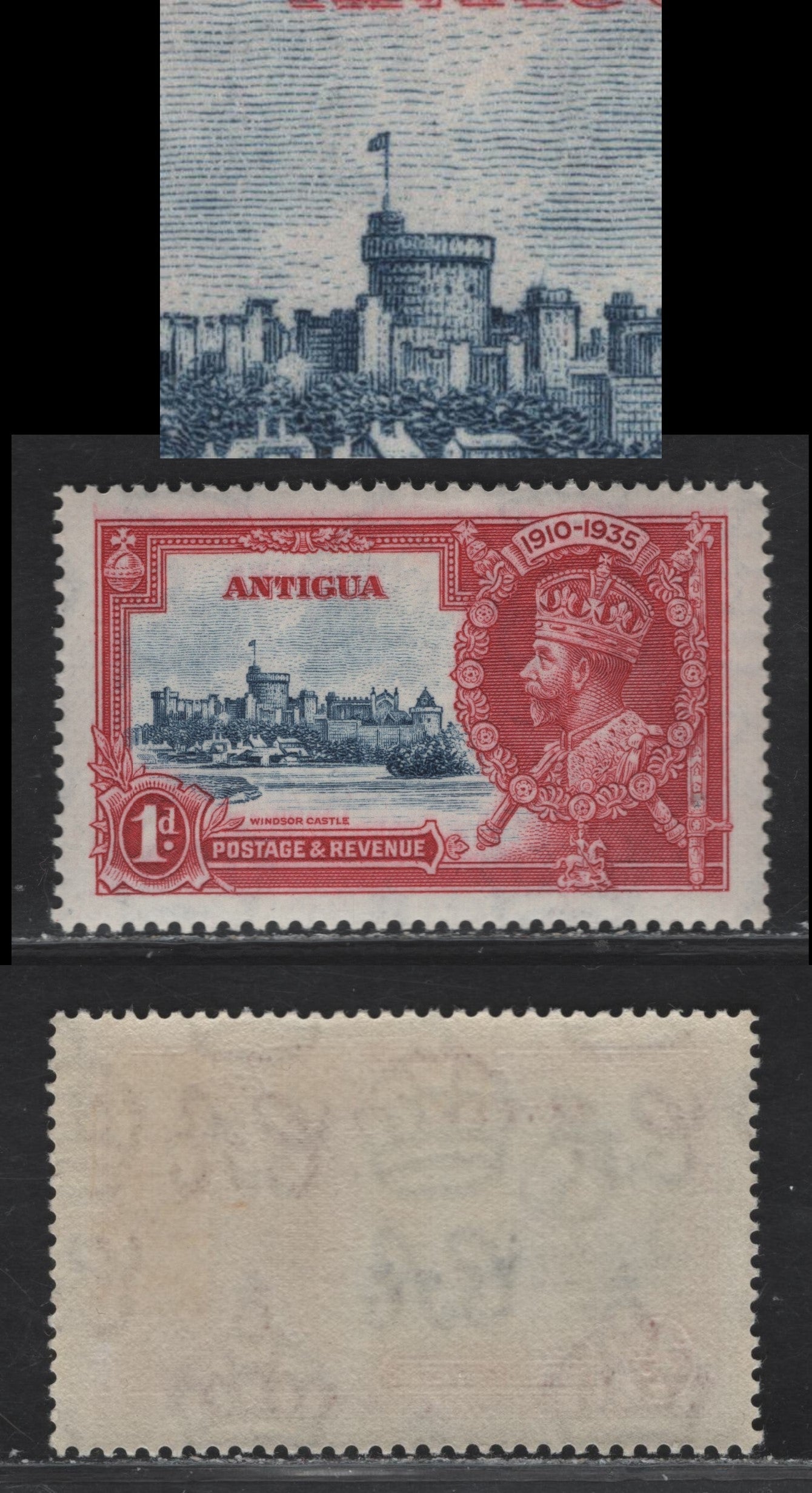 Lot 168 Antigua SG#91var 1d Carmine & Grayish Blue Windsor Castle, 1935 Silver Jubilee Issue, A VFOG Single, Weak Flagstaff Variety, This Appears To Be Constant, Found On A Number Of Other Colonies.