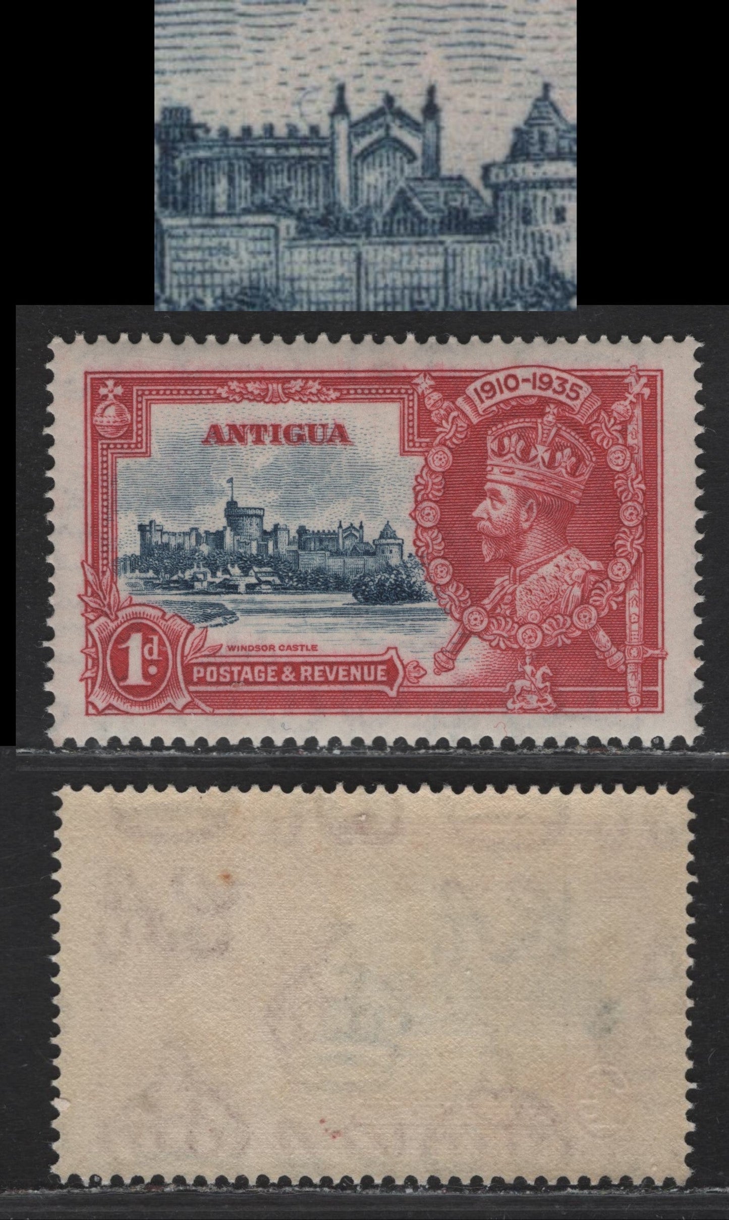Lot 171 Antigua SG#91var 1d Dark Carmine & Deep Grayish Blue Windsor Castle, 1935 Silver Jubilee Issue, A VFNH Single, Small Kite In Sky Above Roof of Chapel, Unlisted In Gibbons