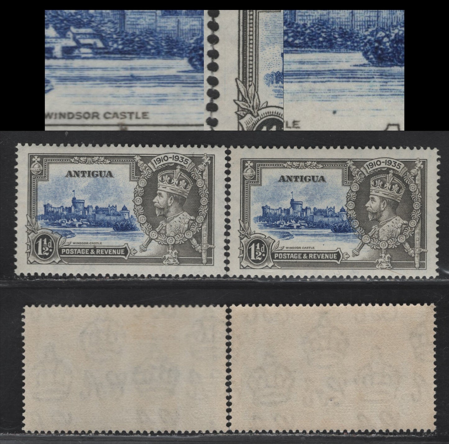 Lot 173 (C) Antigua SG#92 1.5d - 2.5d Ultramarine & Deep Gray Windsor Castle, 1935 Silver Jubilee Issue, 2 VFNH Singles Two Unlisted & Possibly Constant Plate Flaws, ,