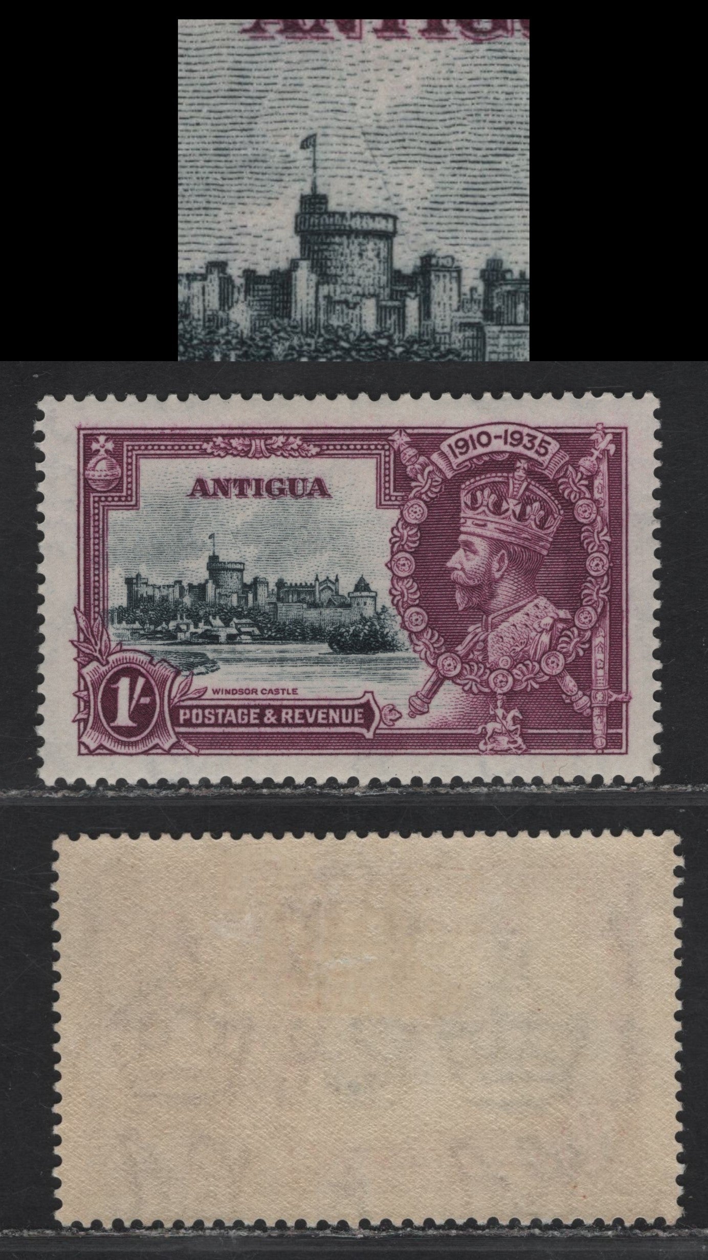 Lot 182 Antigua SG#94var 1/- Slate & Deep Purple Windsor Castle, 1935 Silver Jubilee Issue, A VFOG Single, Showing Diagonal Scratch in Sky, Extending North West From Winchester Tower To N Of Antigua