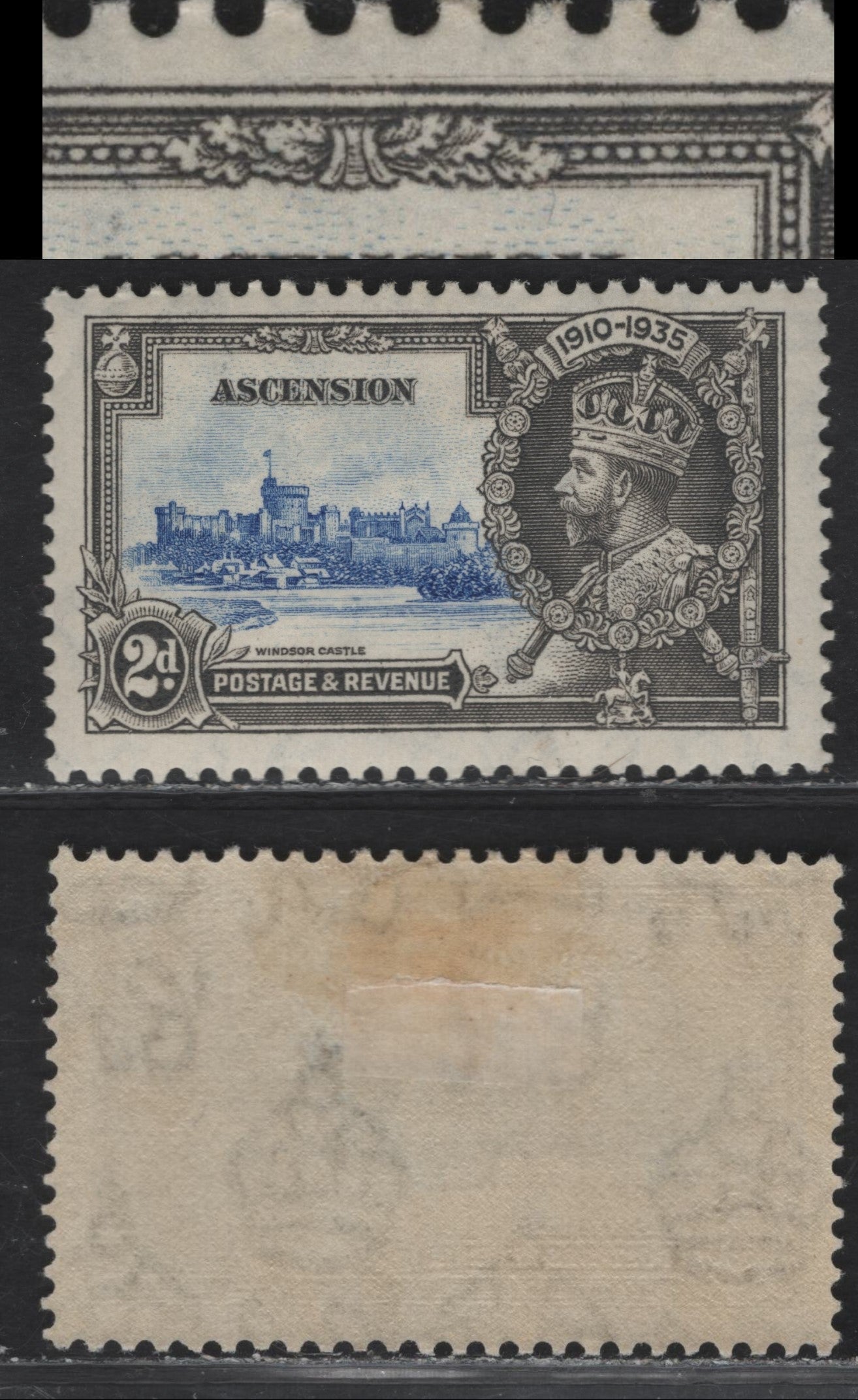 Lot 187 Ascension SG#32var 2d Ultramarine & Gray Windsor Castle, 1935 Silver Jubilee Issue, A VFOG Single, Re-Entry of Upper Frameline, Partial Doubling At Frameline At Top