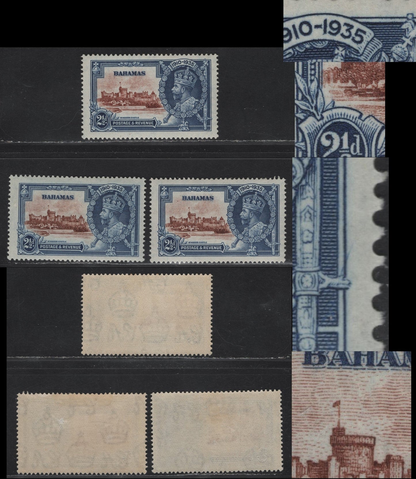 Lot 197 Bahamas SG#142var 2.5d Chestnut/Reddish Brown & Deep Blue Windsor Castle, 1935 Silver Jubilee Issue, 3 F/VFOG Singles, Showing Plate Scratches Or Other Possibly Constant Varieties