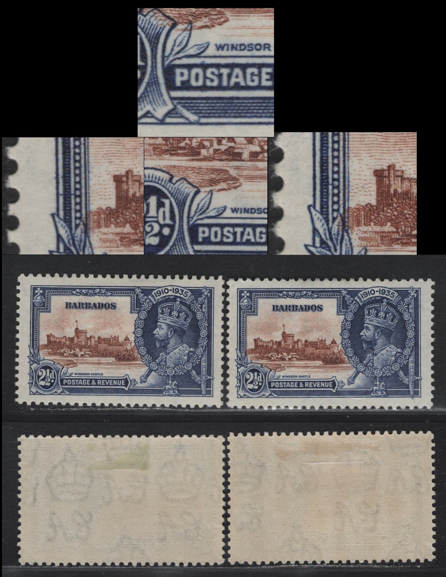 Lot 211 Barbados SG#243var 2.5d Brown & Deep Blue Windsor Castle, 1935 Silver Jubilee Issue, 2 VFOG Singles, Guidemark In Left Margin, Two Slightly Different of This Constant Variety, Both Also Show The Re-Entry In The W of Windsor.