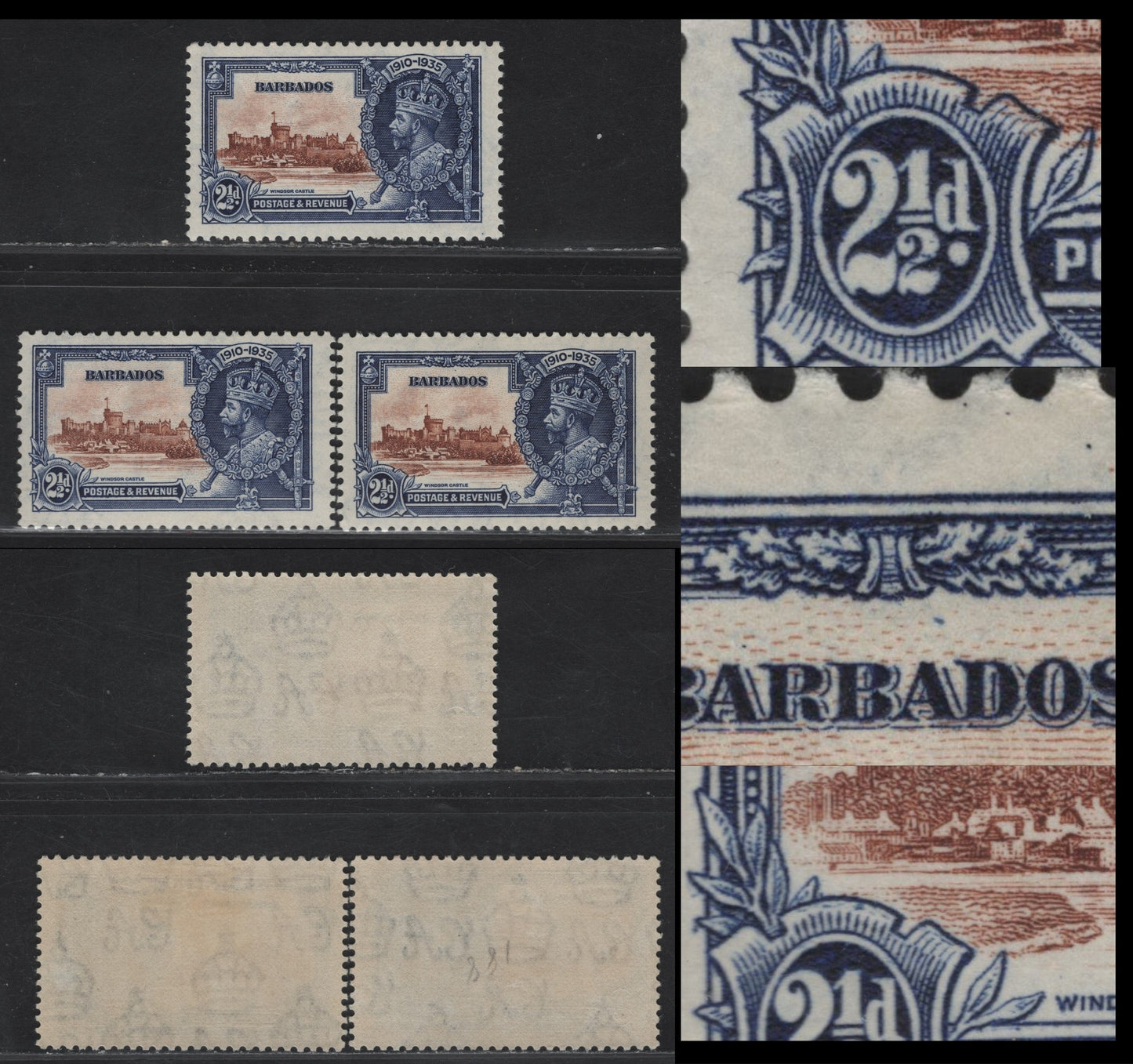 Lot 213 Barbados SG#243var 2.5d Brown & Deep Blue Windsor Castle, 1935 Silver Jubilee Issue, 3 VFOG Singles, With Constant/Non Constant Frame & Vignette Flaws, Two With Varieties Only Involving The Frame Plate, One Involving Both Plates.