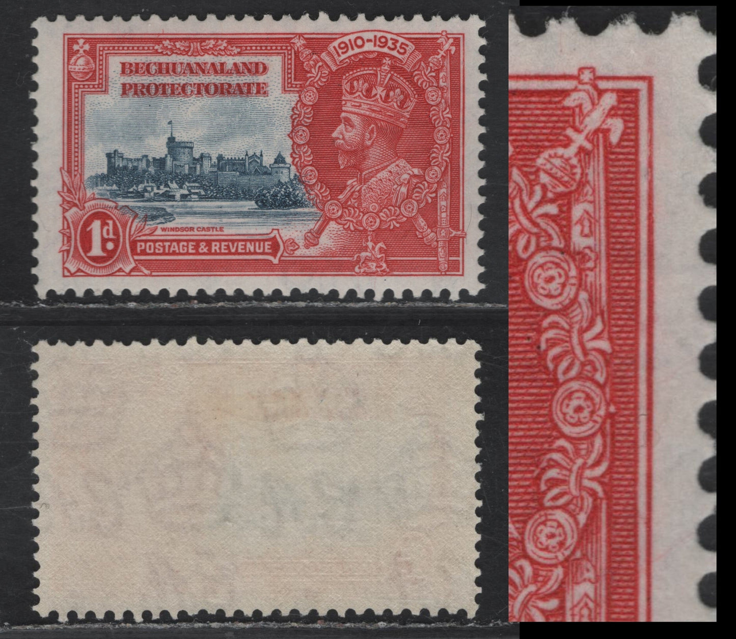 Lot 228 Bechuanaland Protectorate SG#111var 1d Gray Blue & Deep Scarlet Windsor Castle, 1935 Silver Jubilee Issue, A VFOG Single, Retouched Outer Frameline At Right