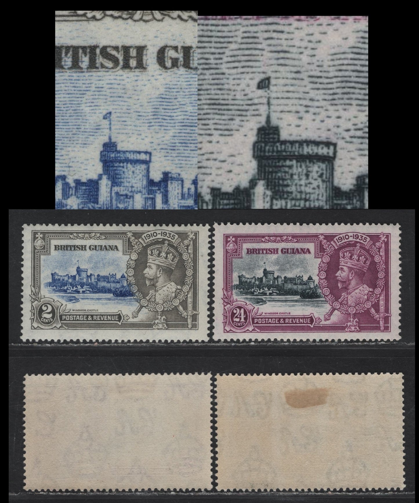 Lot 257 British Guiana SG#301, 304 2c - 24c Deep Ultramarine & Pale Gray - Deep Slate & Bright Purple Windsor Castle, 1935 Silver Jubilee Issue, 2 VFOG Singles, Both With Broken Flagstaff