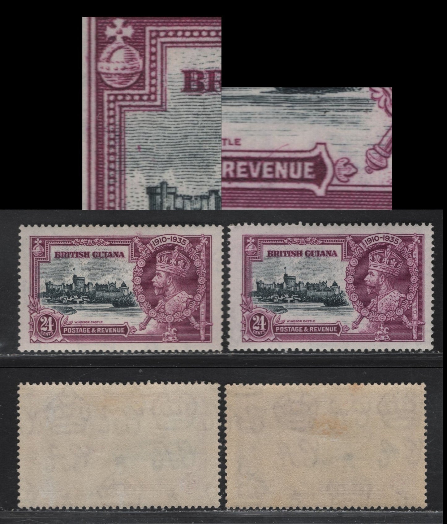 Lot 262 British Guiana SG#304var 24c Indigo & Bright Purple Windsor Castle, 1935 Silver Jubilee Issue, 2 VFOG Singles, Plate Flaws, Possibly Constant, Involving The Frame Plate.