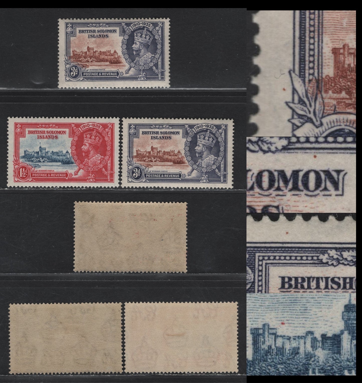 Lot 275 British Solomon Islands SG#53-54var 1.5d - 3d Gray Blue & Carmine - Pale Reddish Brown & Chalky Blue Windsor Castle, 1935 Silver Jubilee Issue, 3 F/VFOG/NH Singles, Constant or Non Constant Frame Plate Flaws