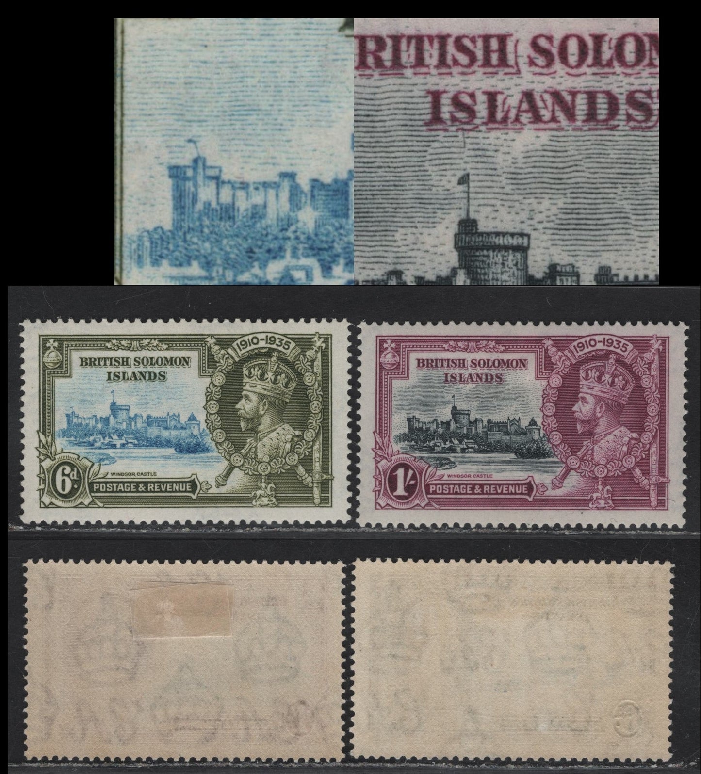 Lot 276 British Solomon Islands SG#55-56 6d - 1/- Light Blue & Olive Green - Slate & Purple Windsor Castle, 1935 Silver Jubilee Issue, 2 VFOG Singles, Constant or Non Constant Vignette Plate Flaws
