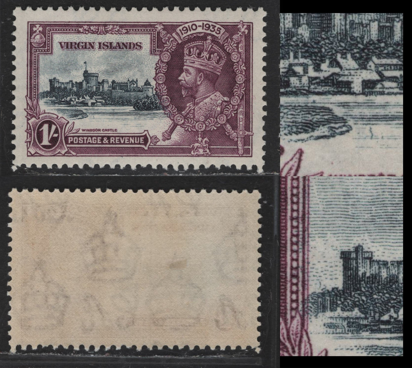 Lot 279 British Virgin Islands SG#106k 1/- Slate & Dull Purple Windsor Castle, 1935 Silver Jubilee Issue, A VFOG Single, Kite & Vertical Log, Dot In Water Below State Apartments, Plate 2A, Row 10/6.