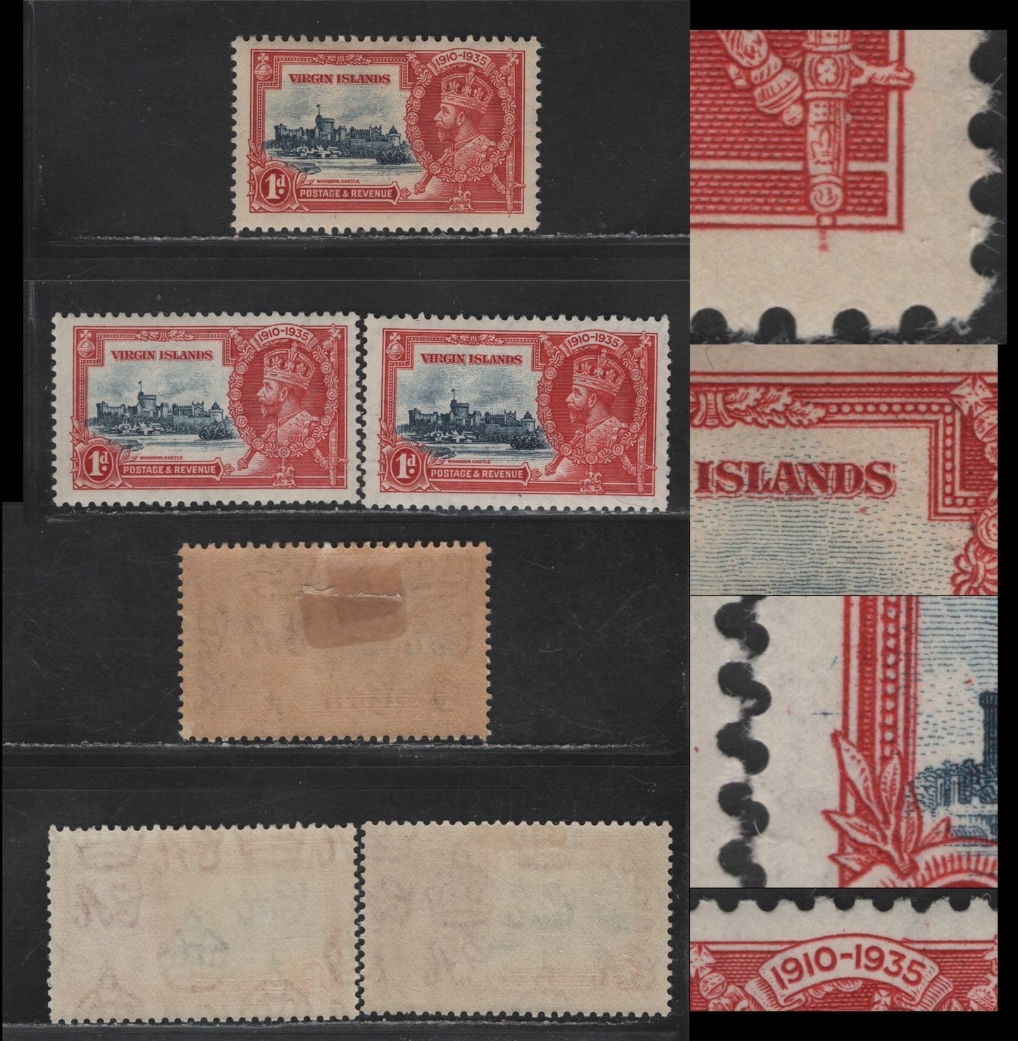 Lot 281 British Virgin Islands SG#103 1d Dark Gray Blue & Carmine Red - Gray Blue & Scarlet Windsor Castle, 1935 Silver Jubilee Issue, 3 F/VFOG Singles, Constant or Non Constant Varieties Involving The Frame Plates