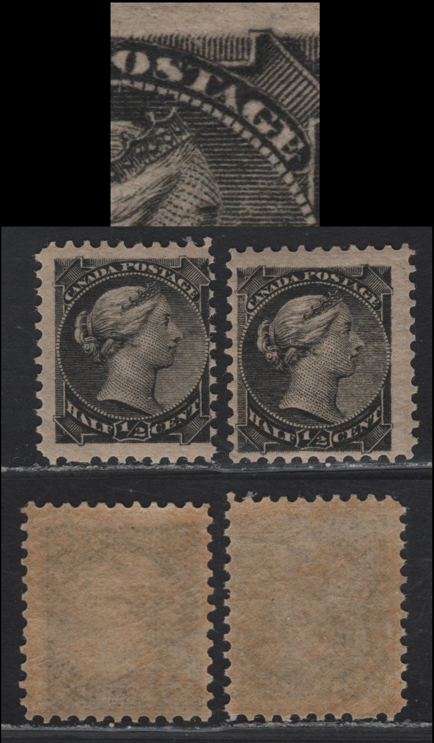Lot 2 (C) Canada #34 1/2c Black Queen Victoria, 1870-1893 Small Queen Issue, 2 FNH Singles, Second Ottawa Printings, Yellowish Newsprint, Both Are Perf 12, One Without Re-Entry, Other With Marks In Letters 'TAG' Of Postage.