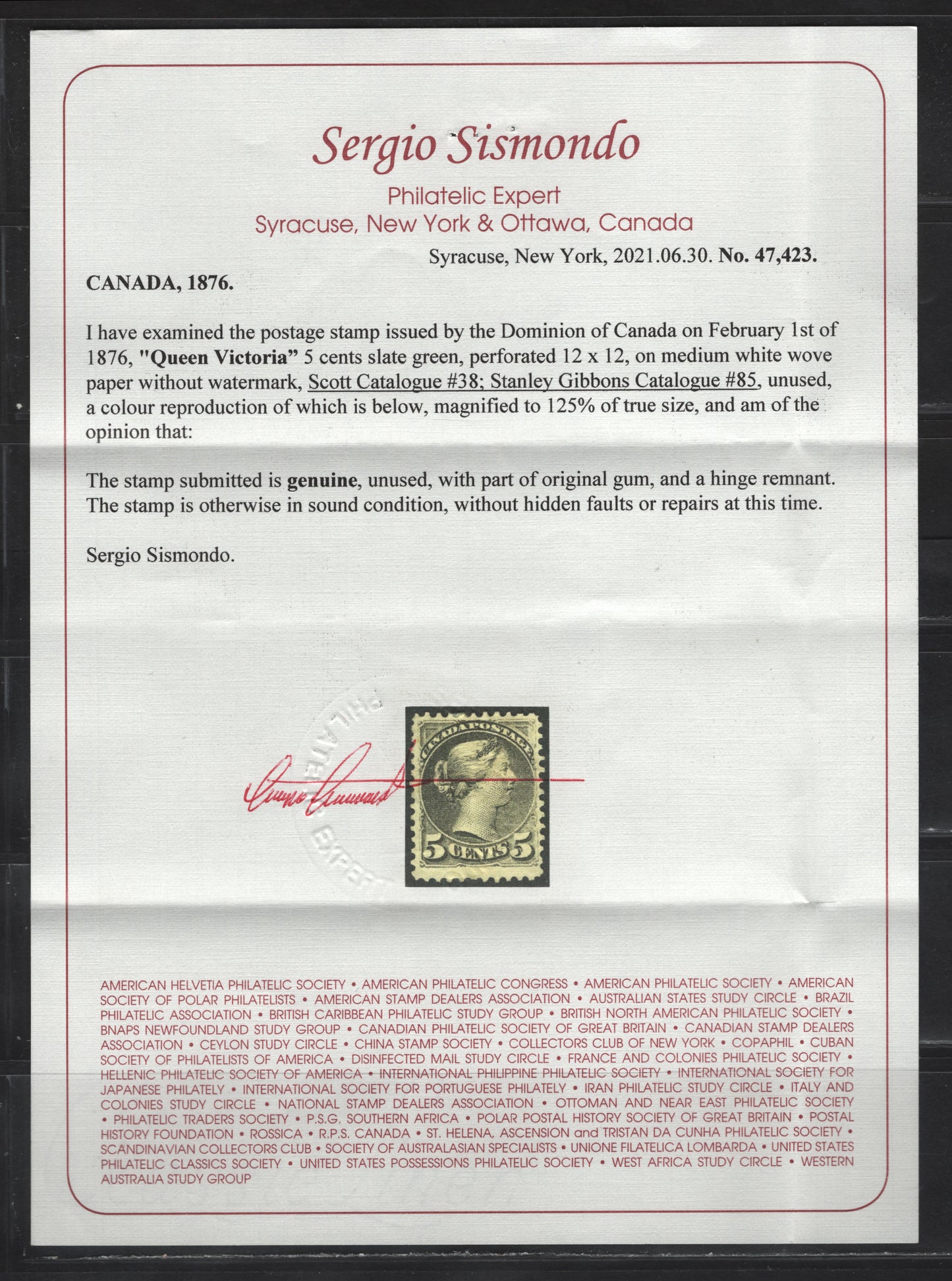 Lot 314 Canada SC#38a 5c Slate Green Queen Victoria, 1870-1893 Small Queen Issue, A FOG Single, Mid Montreal Printing, Paper MM-U, Perf 11.75x12, Sismondo Certificate States The Part Original Gum Remaining Is Original.