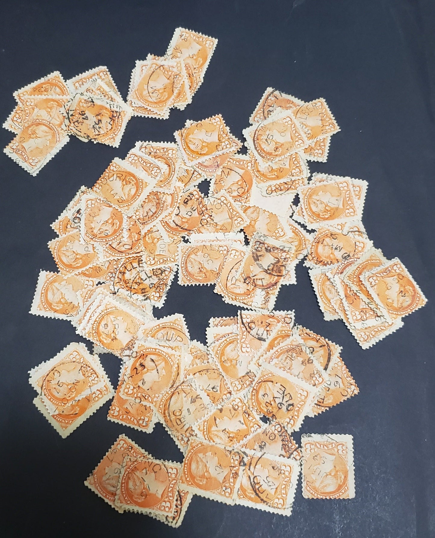 Lot 97 (C) Canada #41 3c Vermillion Queen Victoria, 1888-1897 Small Queen Issue, 75-100 Very Good Used Singles, Late Second Ottawa Printings, With 1897 Dates, All Different, Unchecked For Perfs.