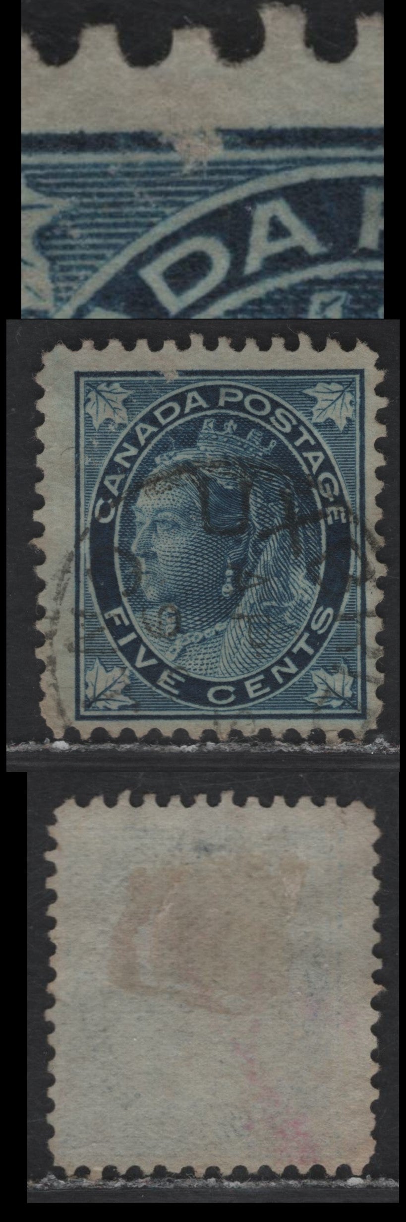 Lot 110 (C) Canada #70 5c Dark Blue Queen Victoria, 1897-1898 Maple Leaf Issue, A Fine Used Single, Paper ABN-FF, Perf 12x11.9, Frame Break Above 'DA' of Canada, Design Size 17.4x20.8mm.