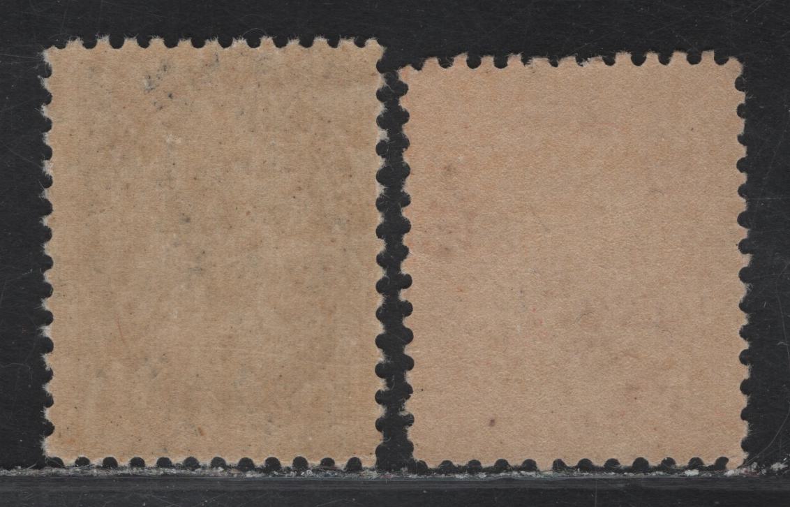 Lot 117A (C) Canada #74, 77 1/2c - 2c Gray Black - Carmine Rose Queen Victoria, 1898-1902 Numeral Issue, 2 FOG Singles, Papers ABN-KK & ABN-MM, Perf 12, 2c is Die 1, Small Blemishes.