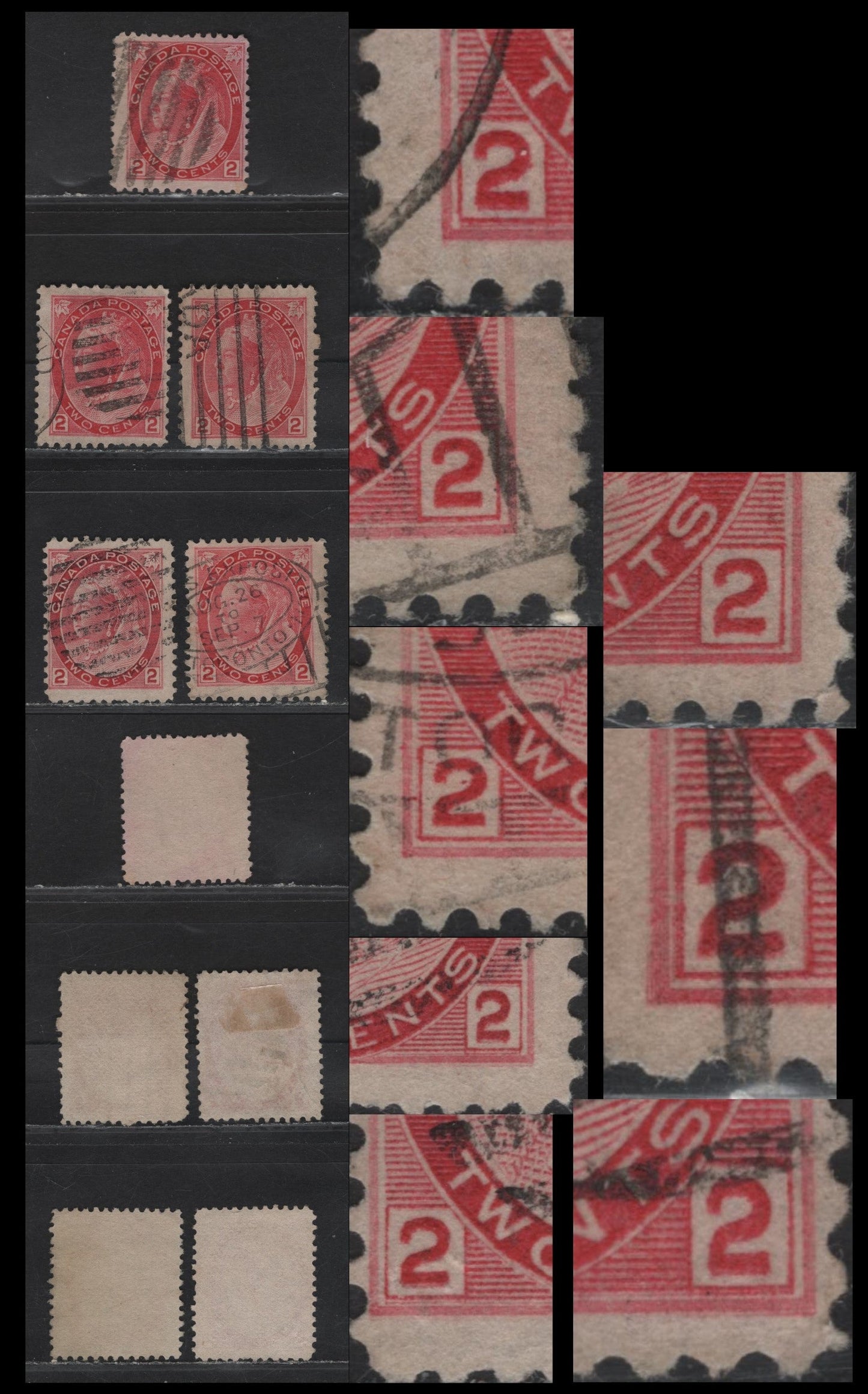 Lot 142 (C) Canada #77var 2c Carmine Rose, 1898-1902 Queen Victoria Numeral Issue, 5 VG&F Used Singles Group Of 5 Die 1 Stamps Each Showing A Slightly Different Re-Entry Involving The Lower Spandrels