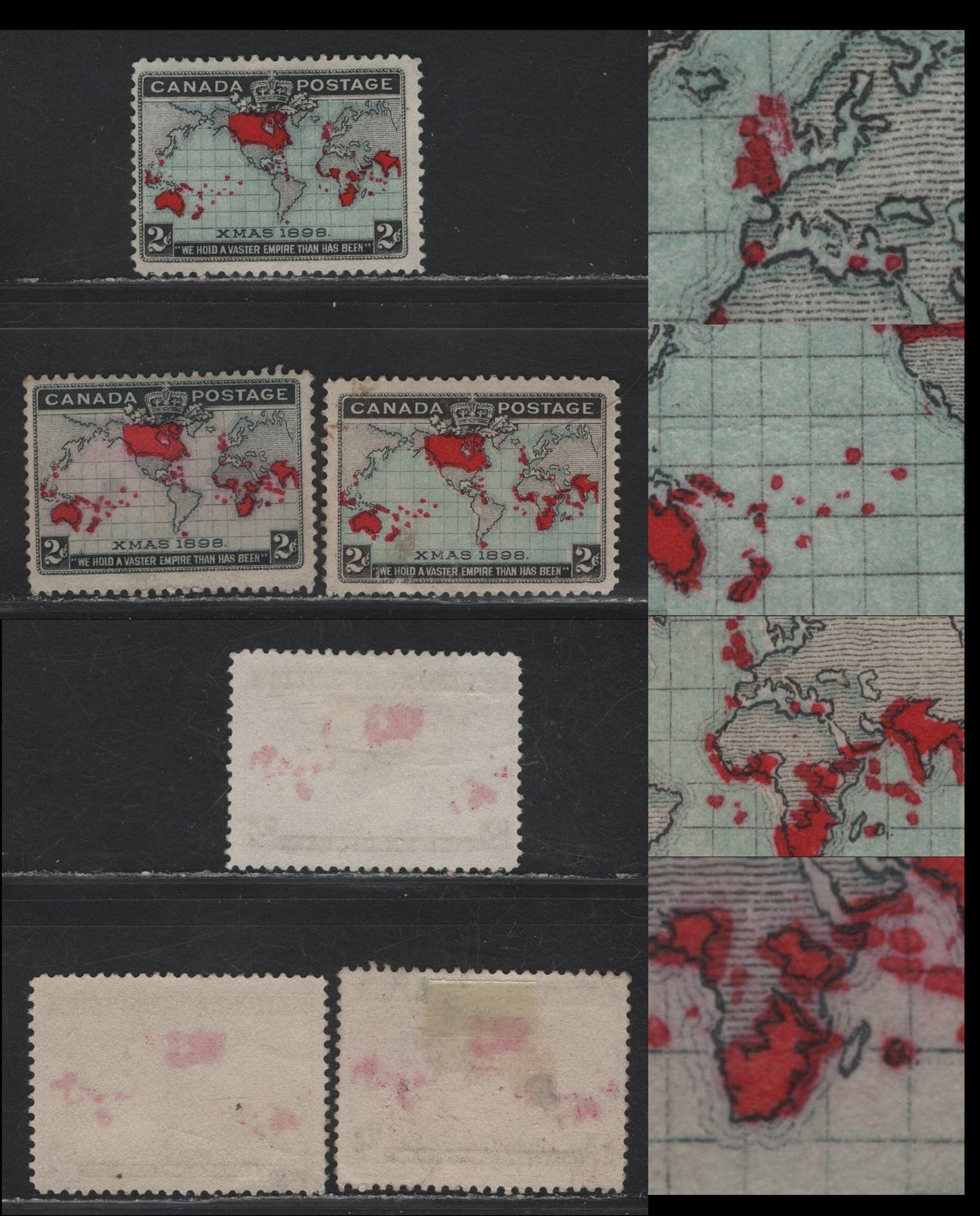 Lot 186 (C) Canada #85, 86 2c lavender, Black & Deep Carmine Red - Pale Greenish Blue, Black & Aniline Red Mercator's Projection, 1898 Imperial Penny Postage Issue, 3 Fine Unused Singles, Showing Extra Island Or Territories On Map