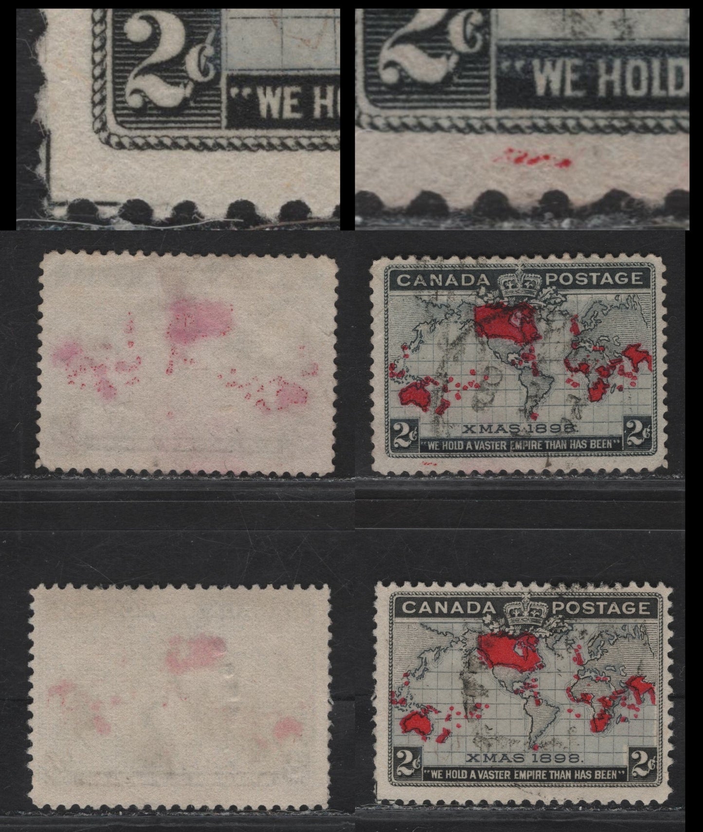 Lot 192 (C) Canada #85i 2c Gray/Lavender Gray, Aniline Red/Deep Aniline Red & Black Mercator's Projection, 1898 Imperial Penny Postage Issue, 2 Fine Used Singles, One With Cross Guide Mark I LL Margin & Misplaced Red Entry, Perfs 12 & 12x11.9