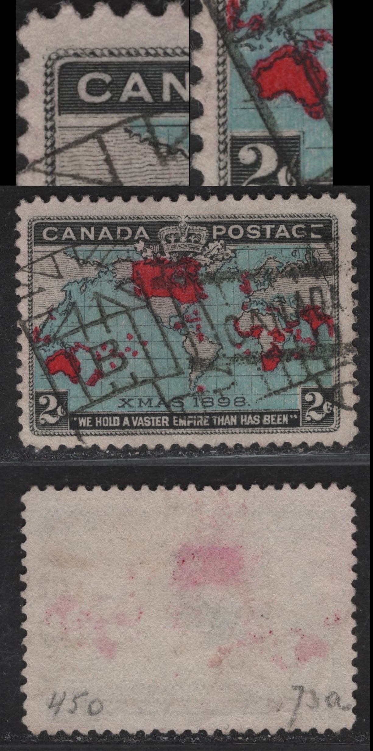 Lot 195 (C) Canada #86b 2c Pale Prussian Blue, Deep Aniline Red & Black Mercator's Projection, 1898 Imperial Penny Postage Issue, A Very Fine Used Single, Paper ABN-AA, Showing Doubling Of Cable At LL & Extended Shading Of Left Numeral Box & Some At UL