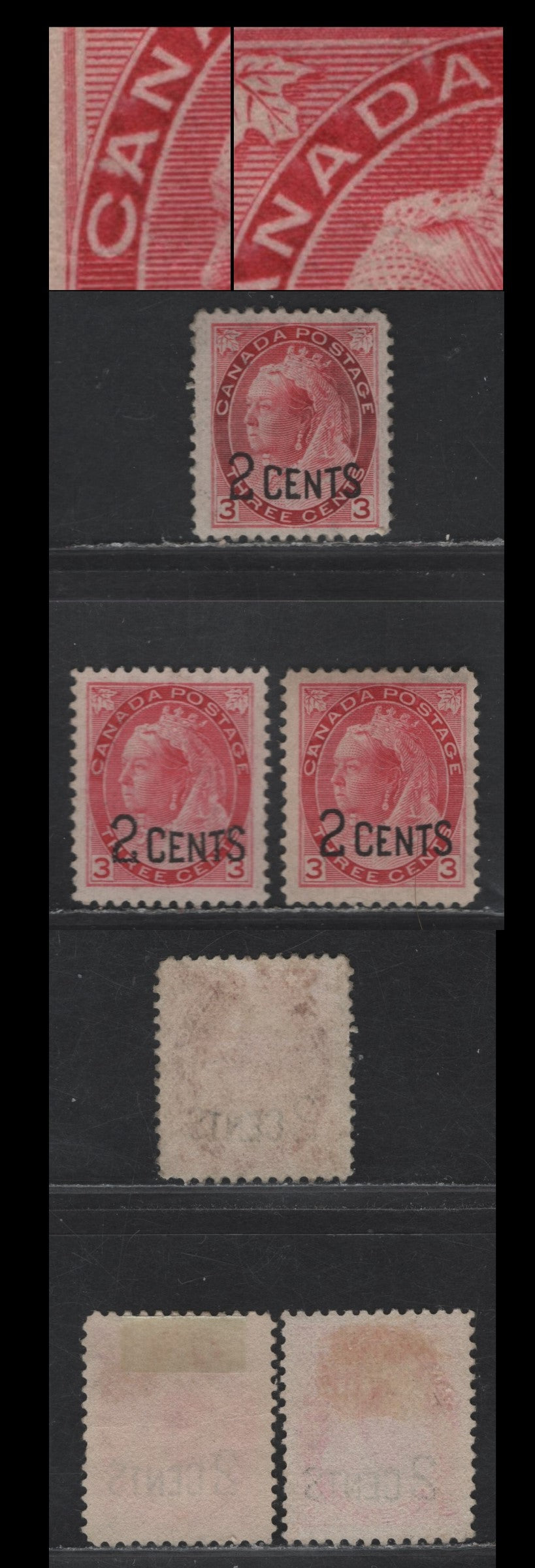 Lot 203 (C) Canada #88 2c on 3c Rosine, Deep Rosine & Pale Rosine Queen Victoria, 1899 Provisional Issue, 3 Fine/Very Fine Unused Singles, Paper ABN-AA