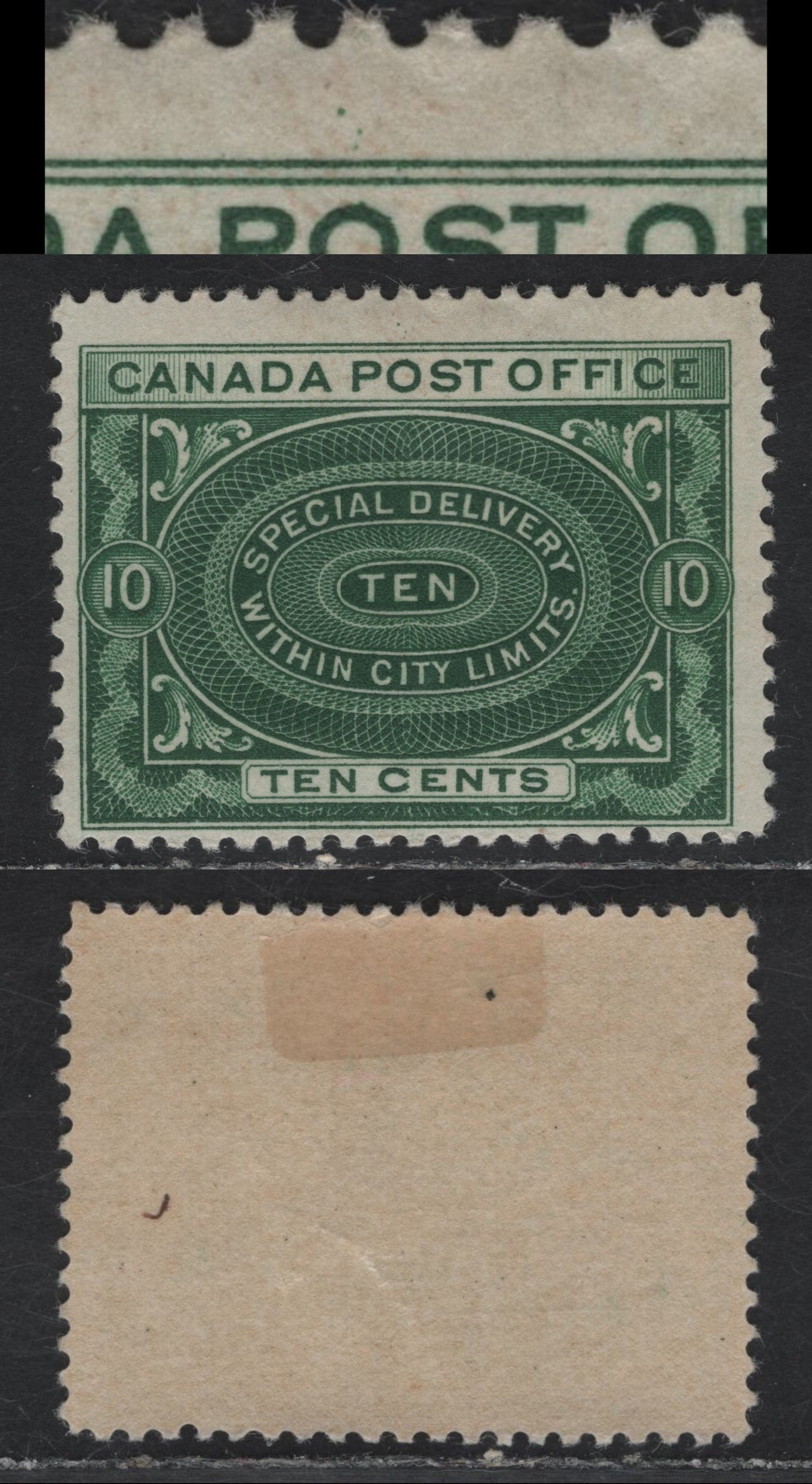 Lot 209 (C) Canada #E1b 10c Deep Yellow Green Special Delivery, 1898 Special Delivery Issue, A FOG Single, Thick Vertical Wove Paper With Guide Dots In Top Margin (Paper ABN-K), Small Internal Wrinkle