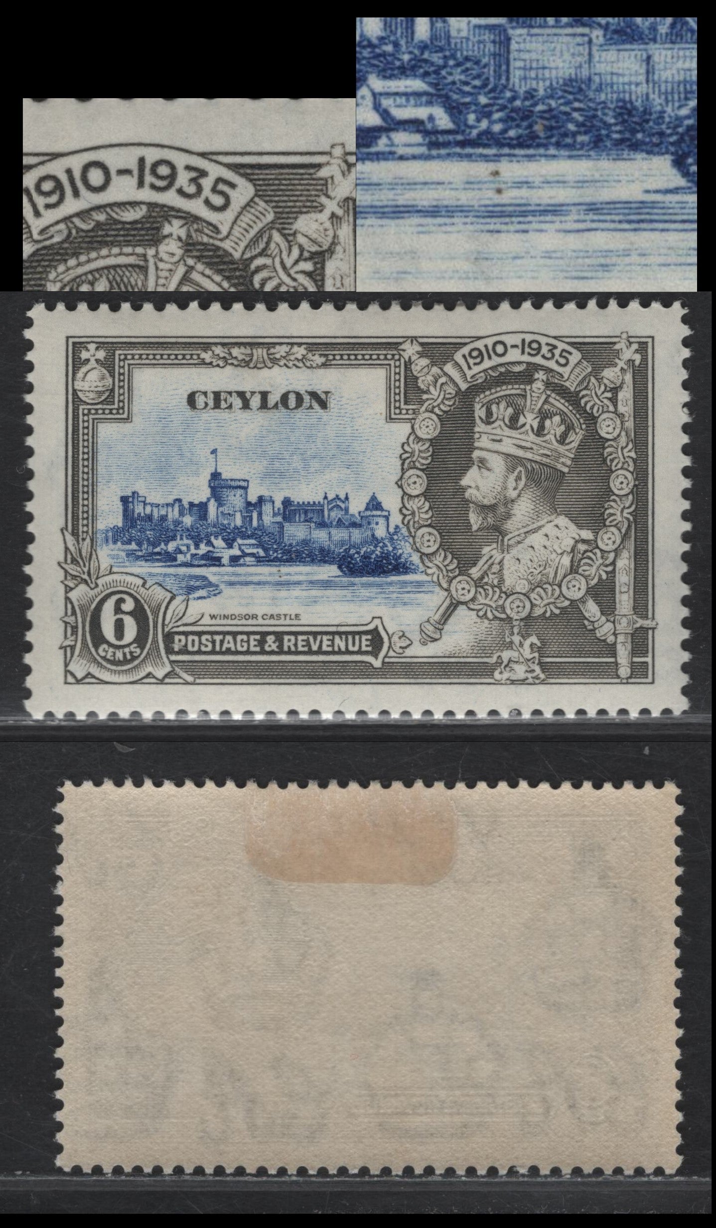 Lot 235 Ceylon SG#379var 6c Ultramarine & Brownish Gray KGV & Windsor Castle, 1935 Silver Jubilee Issue, 2 VFOG Singles, Two Varieties, Possibly Constant Of the Frame Plate