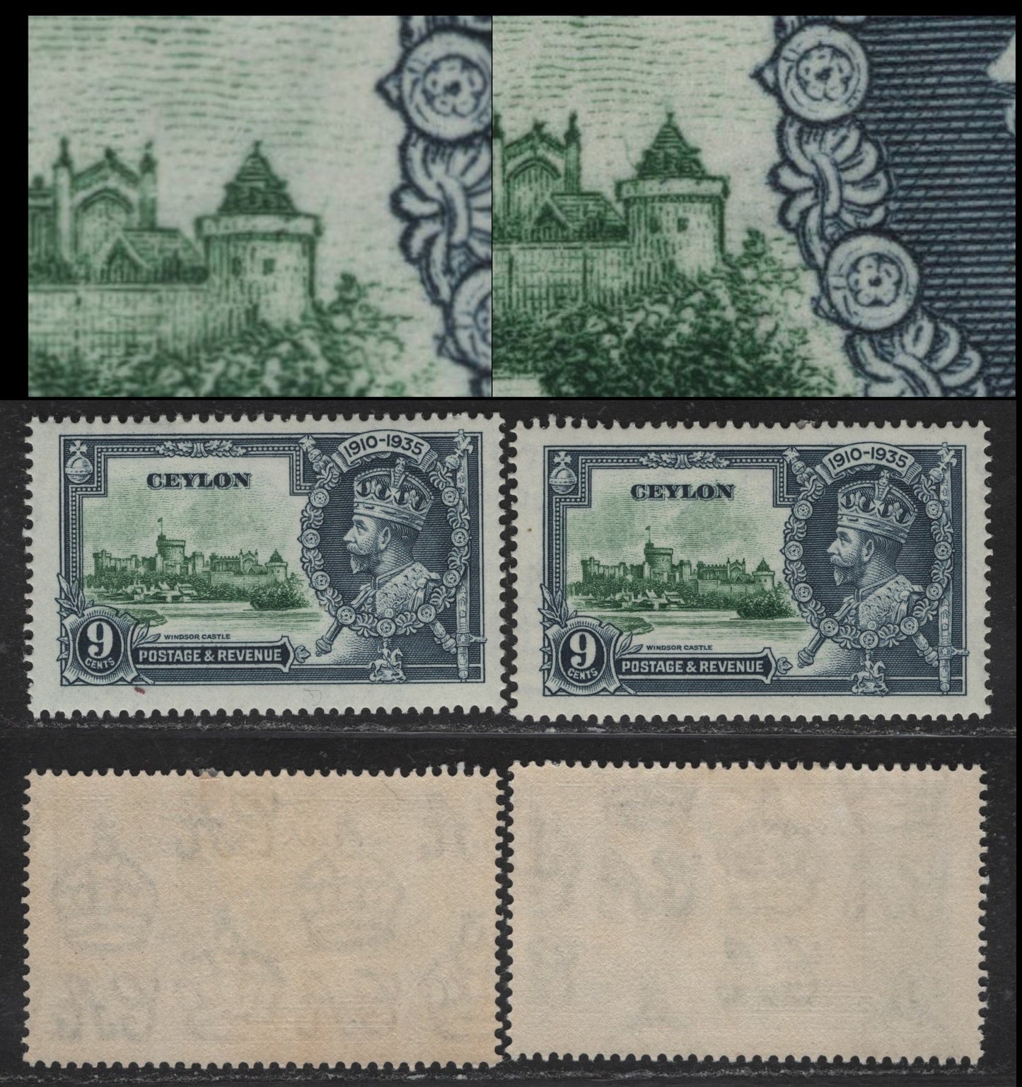Lot 236 Ceylon SG#380var 9c Green & Indigo KGV & Windsor Castle, 1935 Silver Jubilee Issue, 2 VFOG Singles, Two Possiby Constant Varieties Of The Curfew Tower