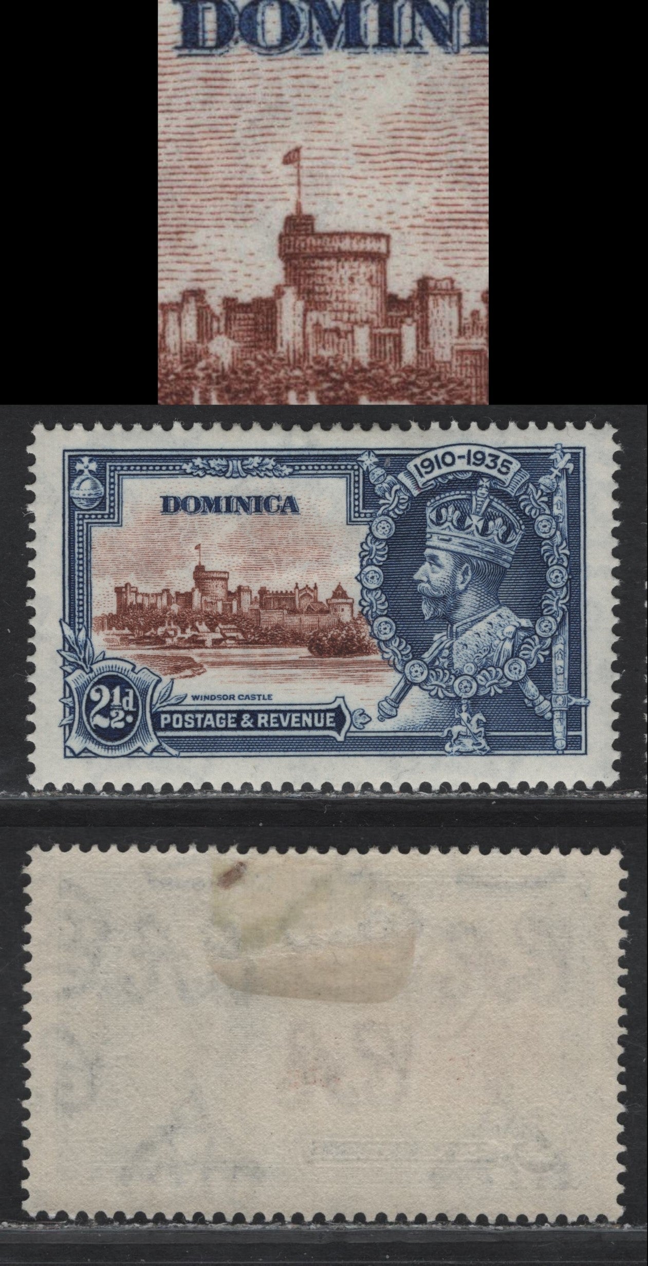 Lot 247 Dominica SG#94var 2.5d - 1/- Deep Chestnut Brown & Deep Prussian Blue KGV & Windsor Castle, 1935 Silver Jubilee Issue, A VFOG Single, Broken Flagstaff