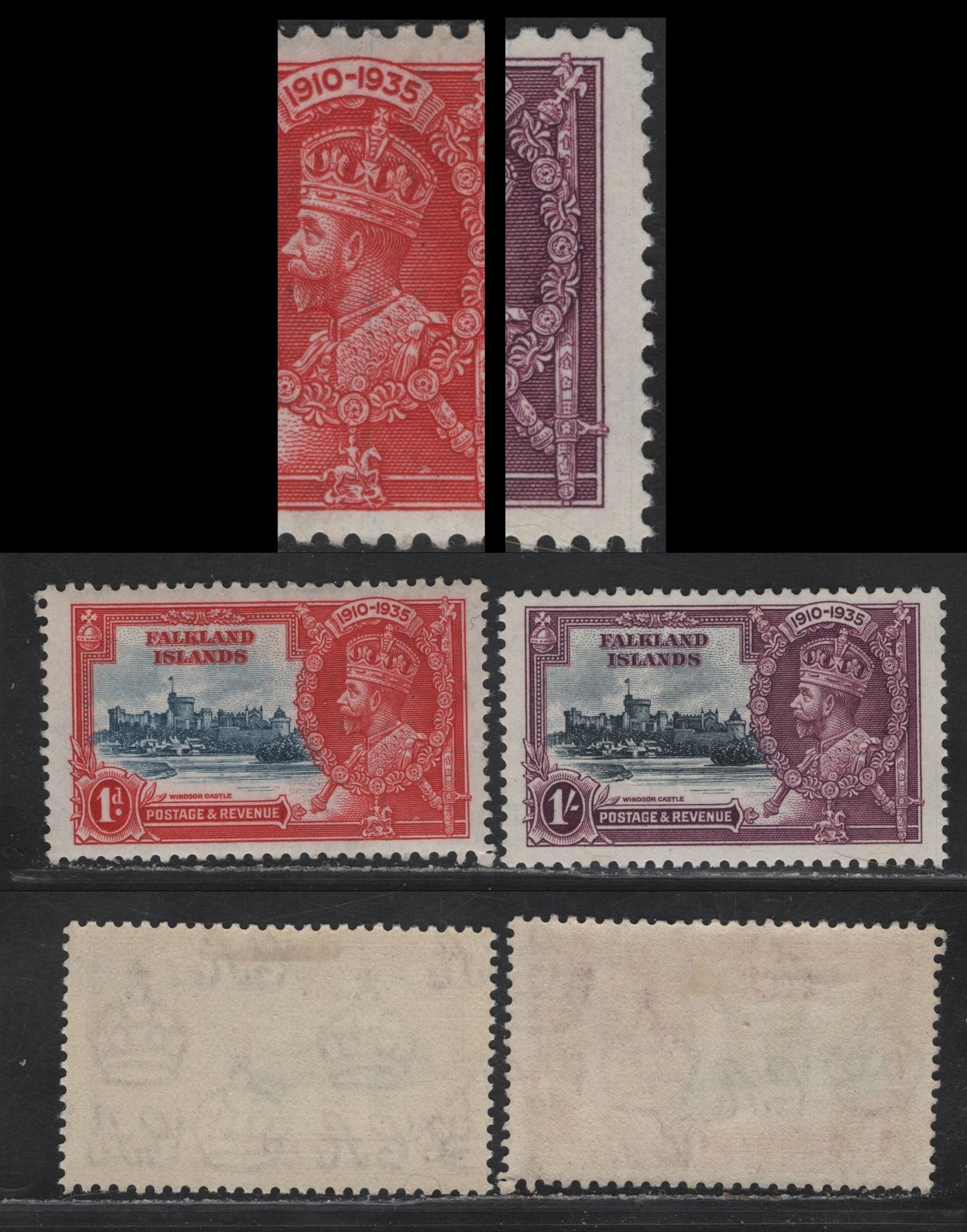Lot 256 Falkland Islands SG#139var, 142var 1d & 1/- Deep Dull Blue & Scarlet - Slate & Rose Purple KGV & Windsor Castle, 1935 Silver Jubilee Issue, 2 VFOG Singles, Both Showing Hairline Plate Cracks Through Design, Scarcer Vignette Plate Cracks