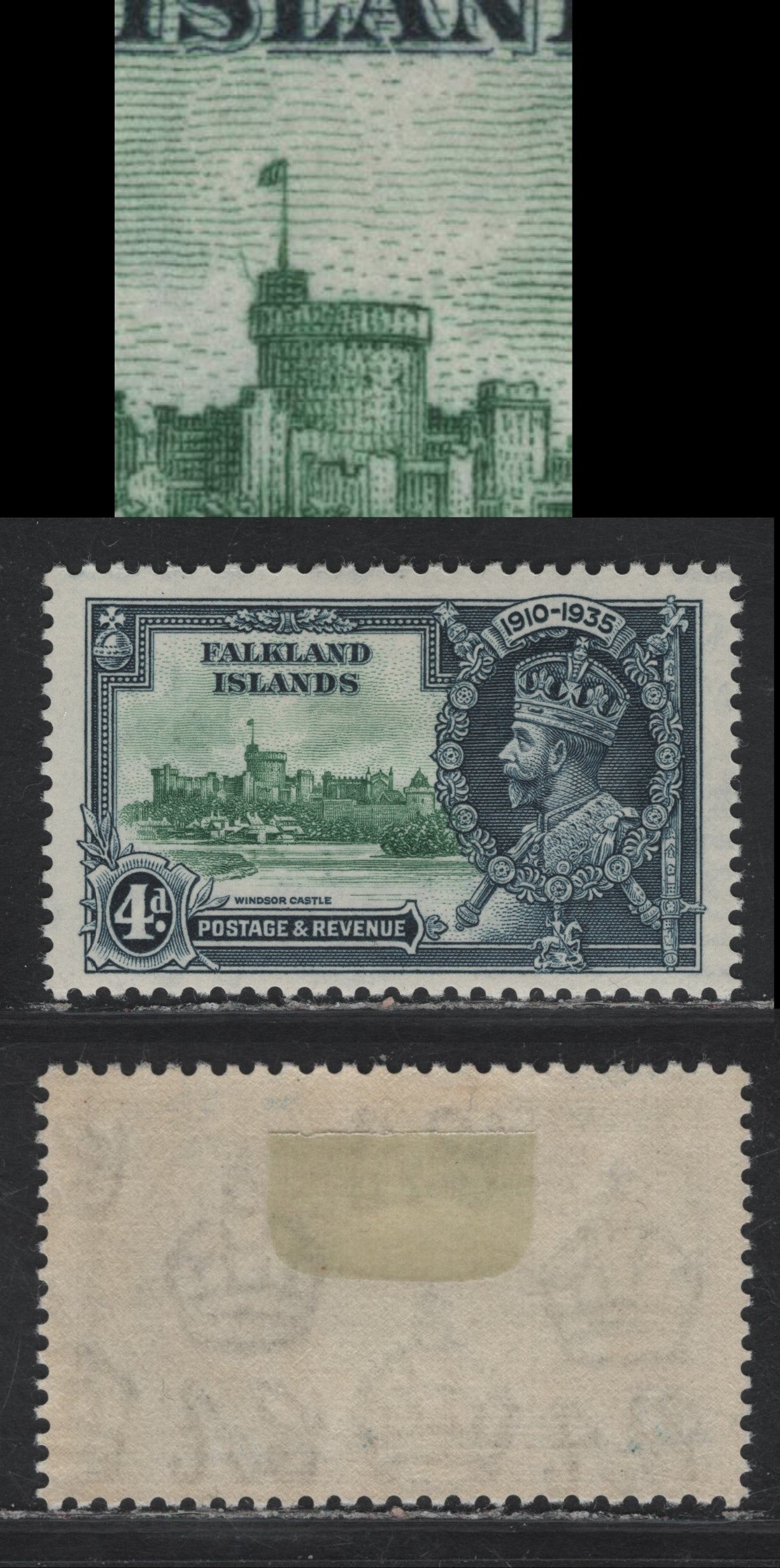 Lot 259 Falkland Islands SG#141var 4d Green & Indigo KGV & Windsor Castle, 1935 Silver Jubilee Issue, A VFOG Single