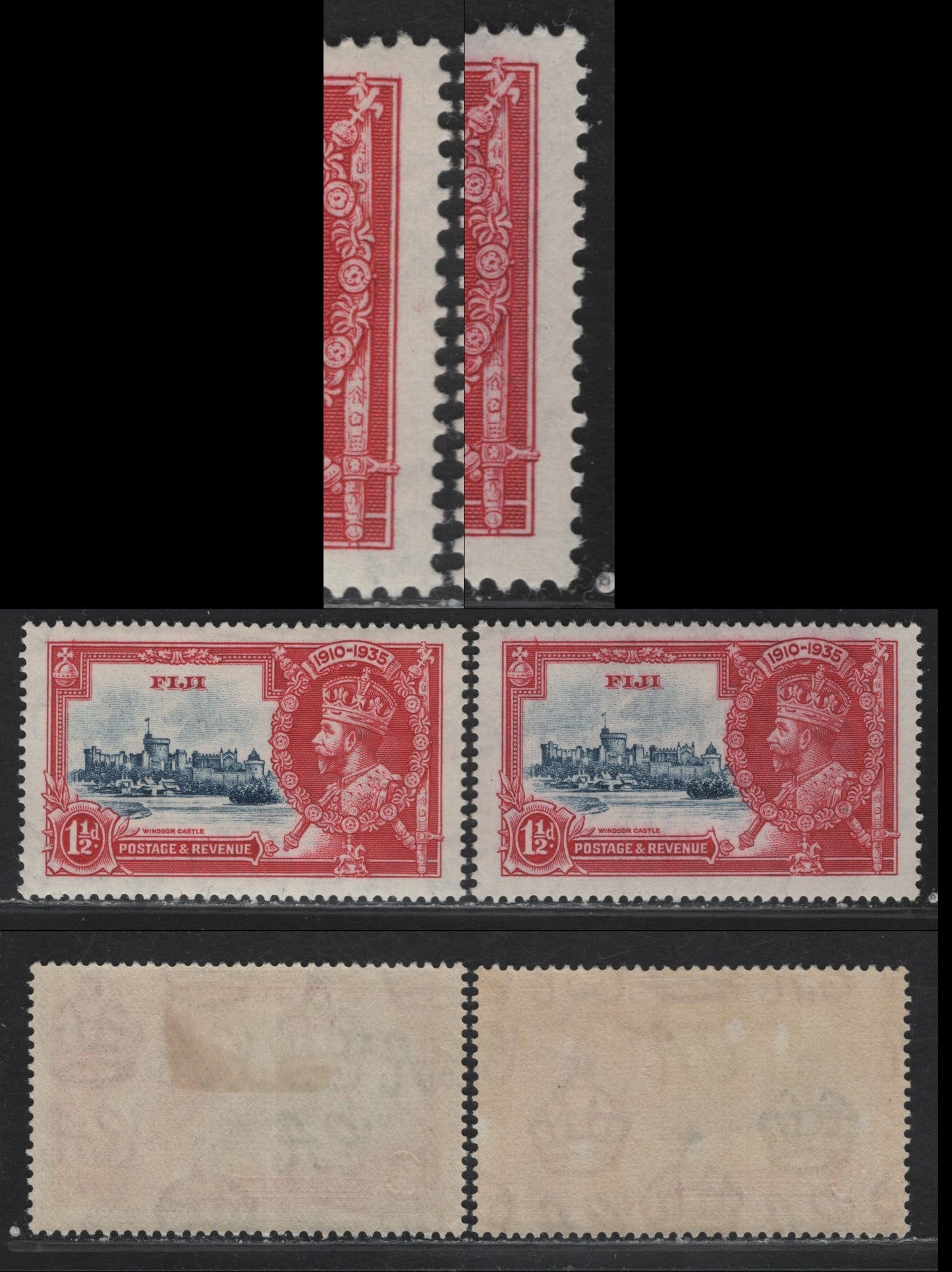 Lot 262 Fiji SG#242var 1d Deep Dull Blue & Carmine KGV & Windsor Castle, 1935 Silver Jubilee Issue, 2 VFOG Singles