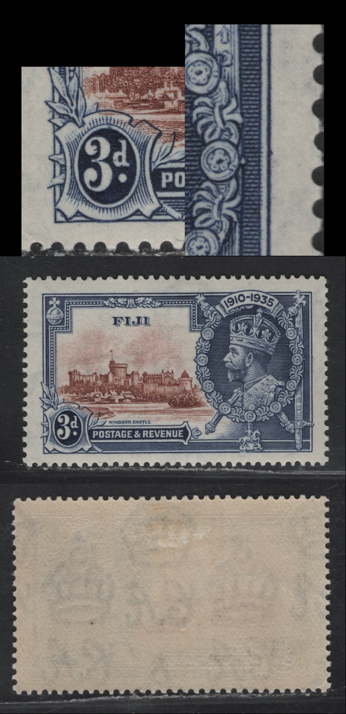 Lot 263 Fiji SG#244var 3d Pale Chestnut Brown & Deep Gray Blue KGV & Windsor Castle, 1935 Silver Jubilee Issue, A VFOG Single, Showing Minor Re-Entry Showing Extension Of Horizontal Shading Into Right Frame & Line In Top Ball Of '3'