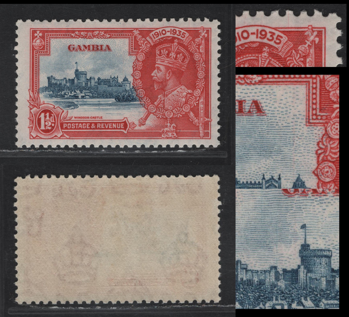 Lot 276 Gambia SG#143var 1.5d Dull Blue & Scarlet KGV & Windsor Castle, 1935 Silver Jubilee Issue, A VFOG Single, Frame & Vignette Plate Hairline Cracks