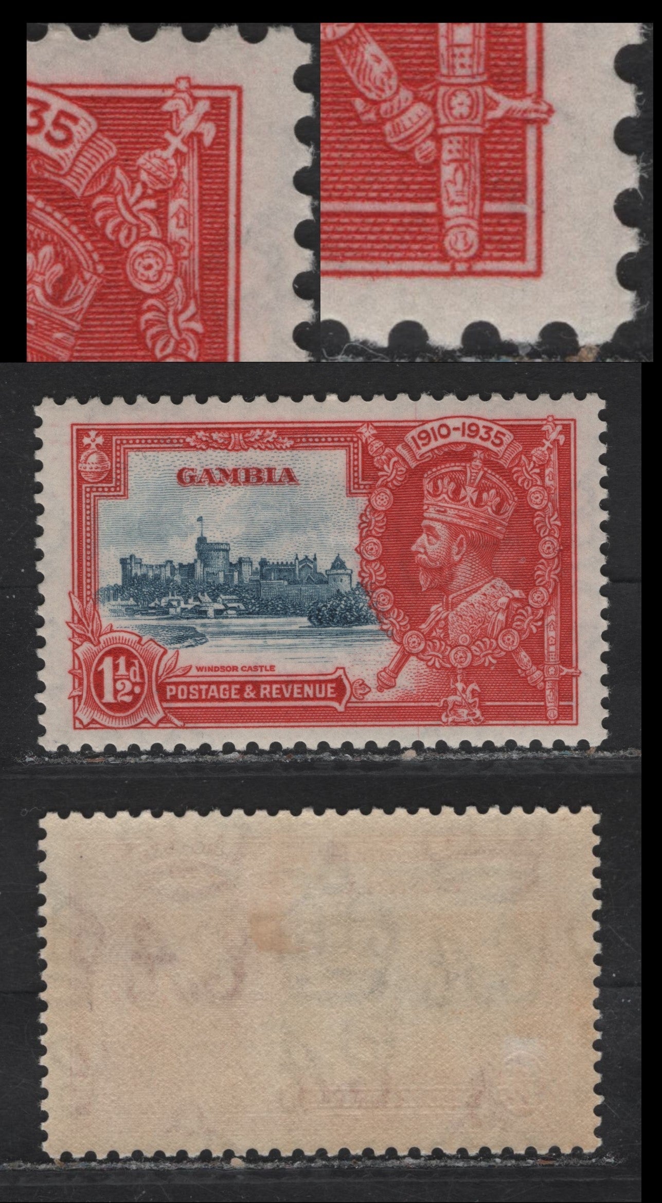 Lot 277 Gambia SG#143var 1.5d Dull Blue & Scarlet KGV & Windsor Castle, 1935 Silver Jubilee Issue, A VFOG Single, Vertical Hairline Frame Plate Crack Through '1' Of 1910 & Lower Rosette Above Scepter
