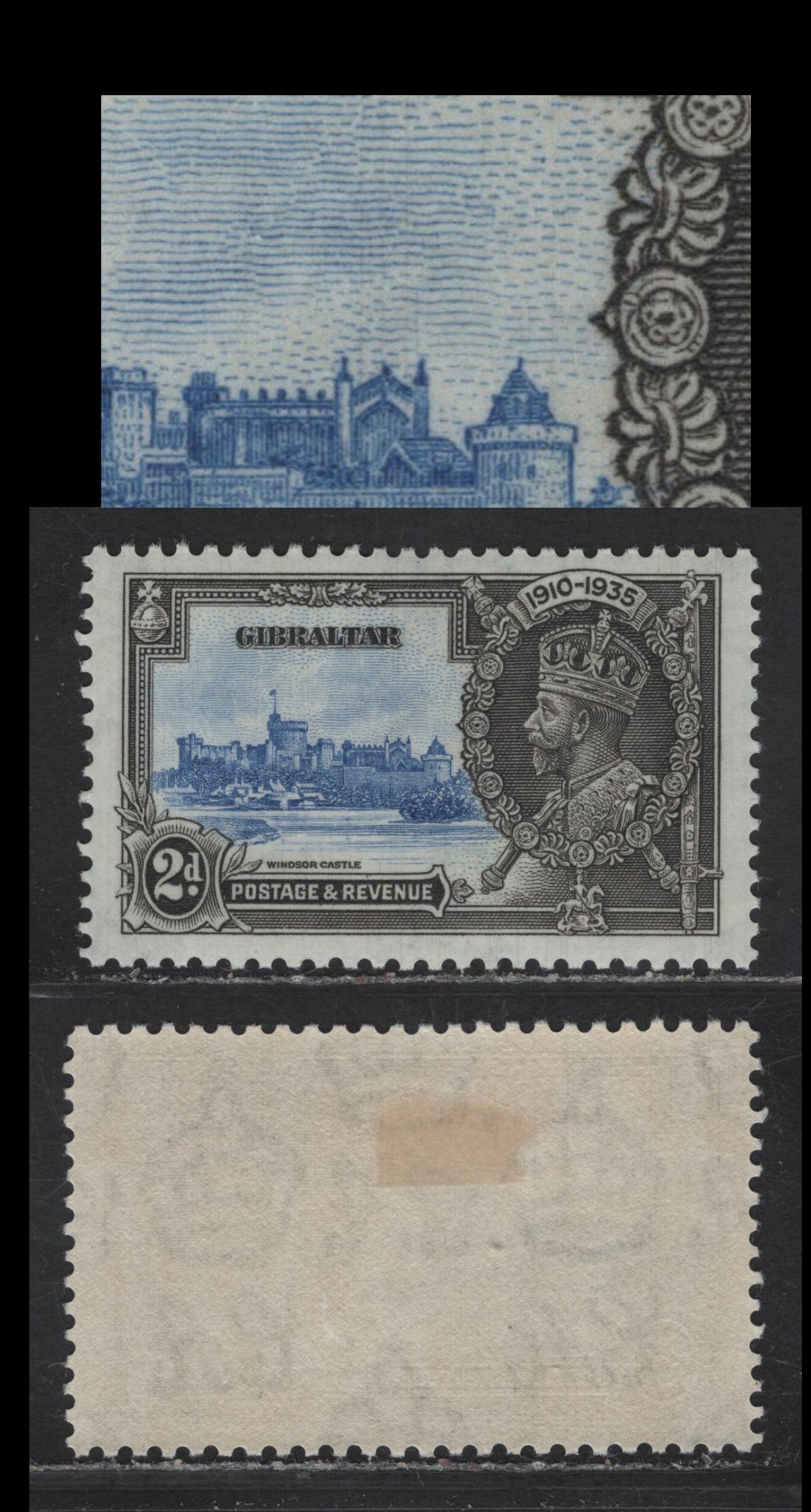 Lot 285 Gibraltar SG#114var 2d Ultramarine & Gray KGV & Windsor Castle, 1935 Silver Jubilee Issue, A VFOG Single, Showing Diagonal Hairline Scratch Above The Chapel, Not One Of The More Common Hairline Plate Cracks On Bradbury Wilkinson Printings