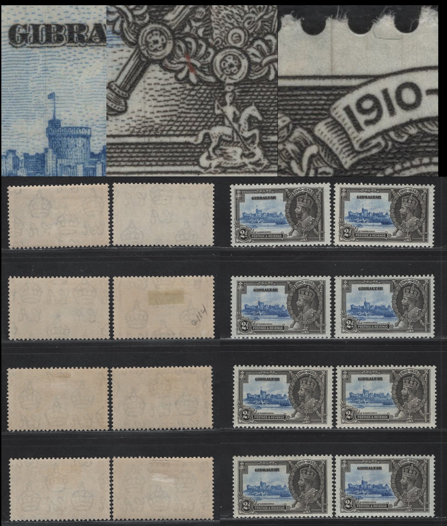 Lot 286 Gibraltar SG#114 2d Ultramarine & Gray KGV & Windsor Castle, 1935 Silver Jubilee Issue, 8 F/VFOG Singles, Showing Multiple Frame Plate Hairline Cracks