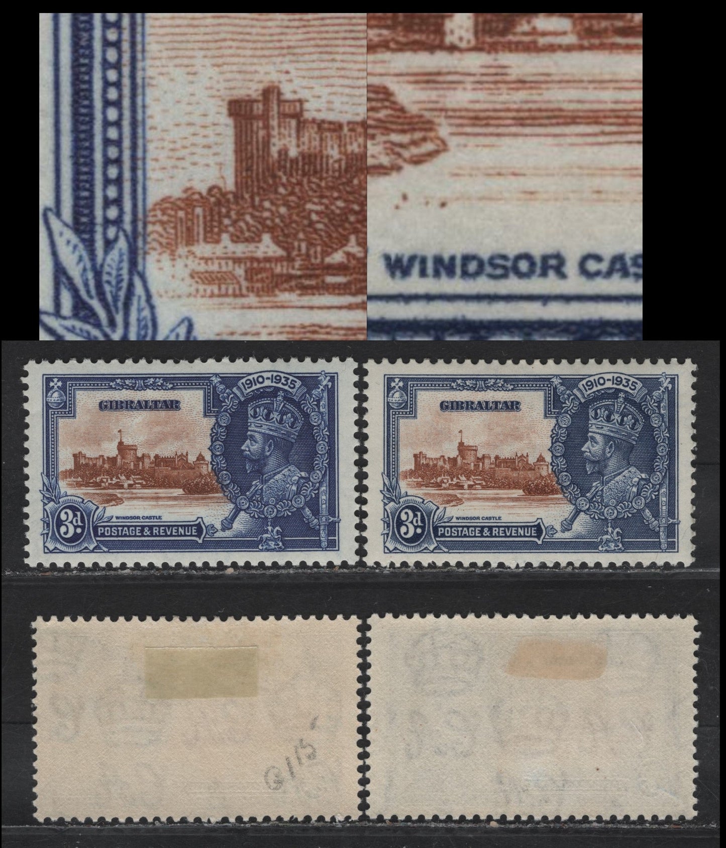 Lot 287 Gibraltar SG#115var 3d Chestnut & Deep Bright Blue/Deep Blue KGV & Windsor Castle, 1935 Silver Jubilee Issue, 2 VFOG Singles, Showing Two Potentially Constant Vignette Varieties