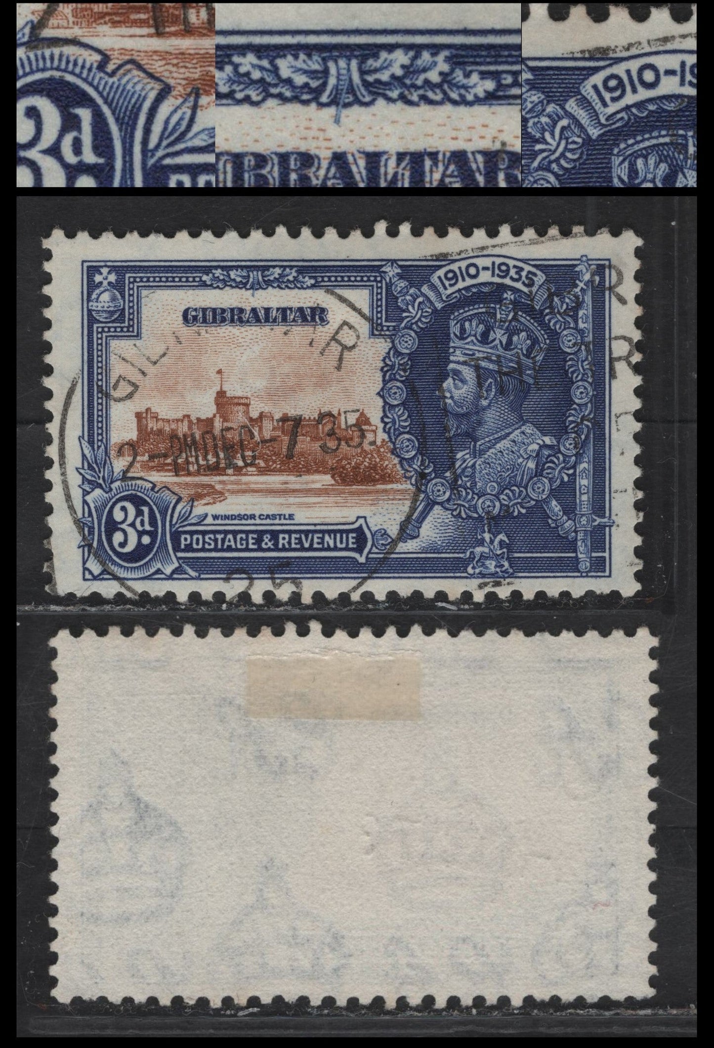 Lot 289 Gibraltar SG#115var 3d Chestnut & Deep Bright Blue KGV & Windsor Castle, 1935 Silver Jubilee Issue, A Very Fine Used Single, Showing A Minor Re-entry & Two Plate Flaws Which May Be Constant