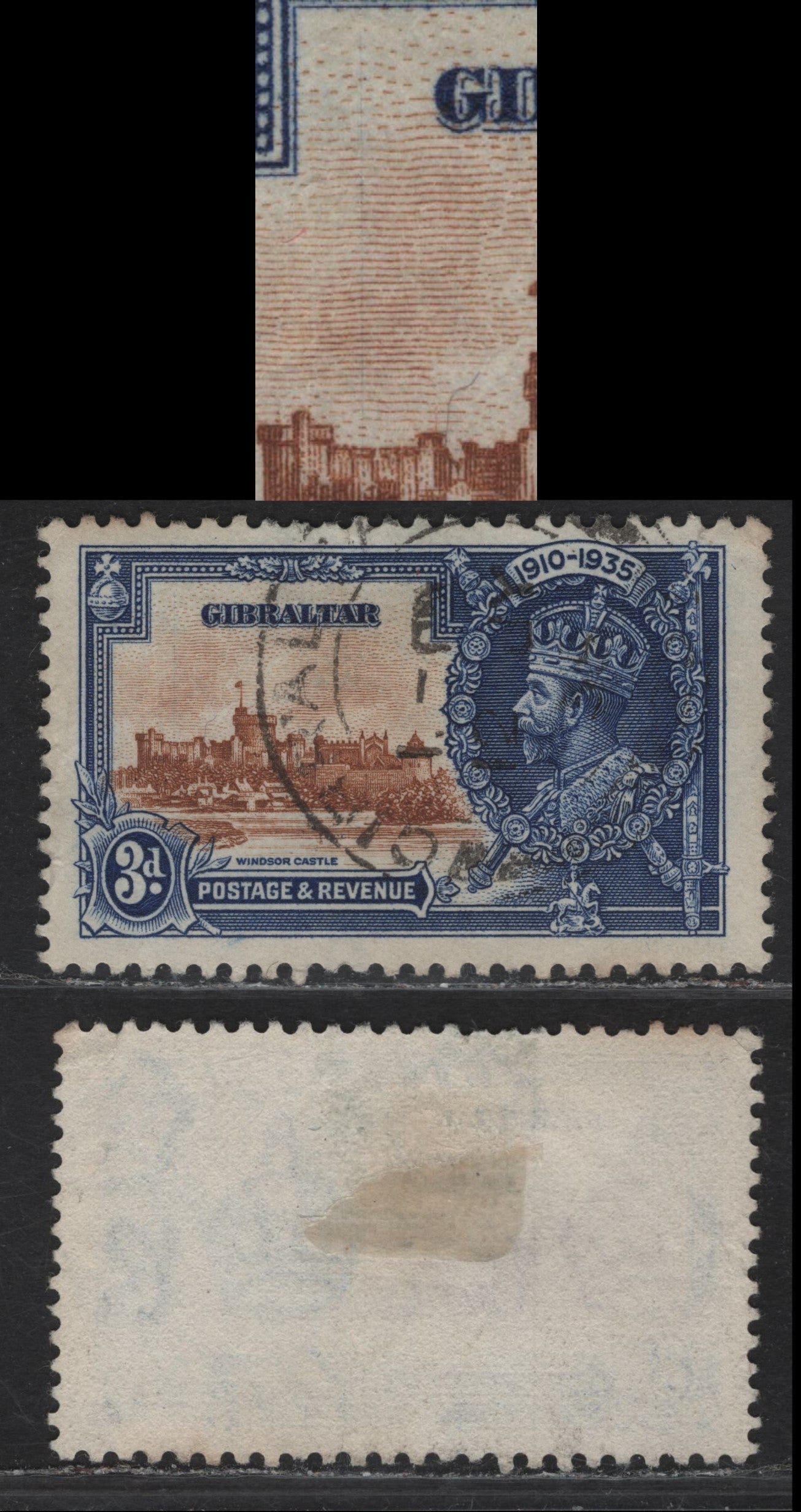 Lot 290 Gibraltar SG#115var 3d Chestnut & Deep Bright Blue KGV & Windsor Castle, 1935 Silver Jubilee Issue, A Very Fine Used Single, Showing Vertical Hairline Frame Plate Crack Above State Apartments