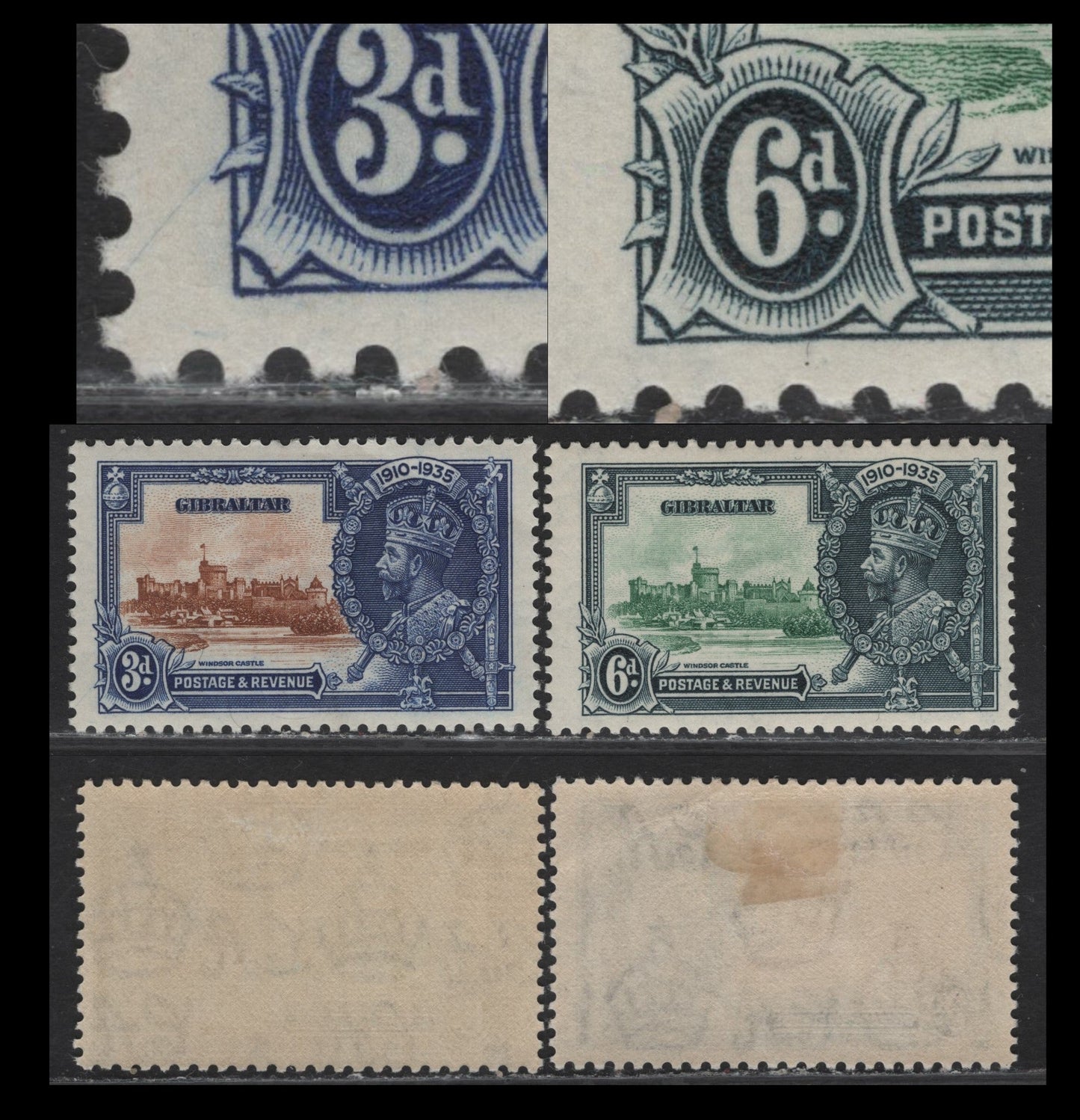 Lot 291 Gibraltar SG#115-116var 3d - 6d Chestnut & Deep Bright Blue - Green & Indigo KGV & Windsor Castle, 1935 Silver Jubilee Issue, 2 F/VFOG Singles, Frame Plate Hairline Cracks Through Period Of 6d & From LL Frame Into Margin Of 3d
