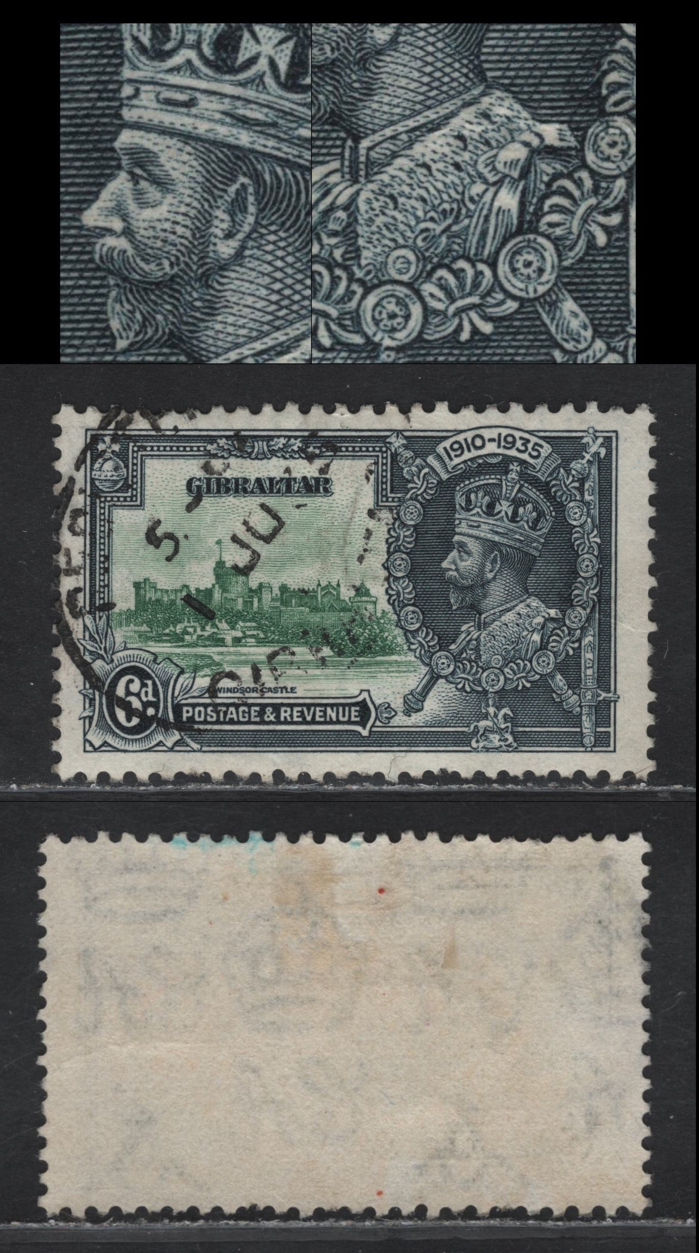 Lot 294 Gibraltar SG#116var 6d Green & Indigo KGV & Windsor Castle, 1935 Silver Jubilee Issue, A Fine Used Single, Showing 2 Vertical Hairline Vignette Plate Scratches Above State Apartments