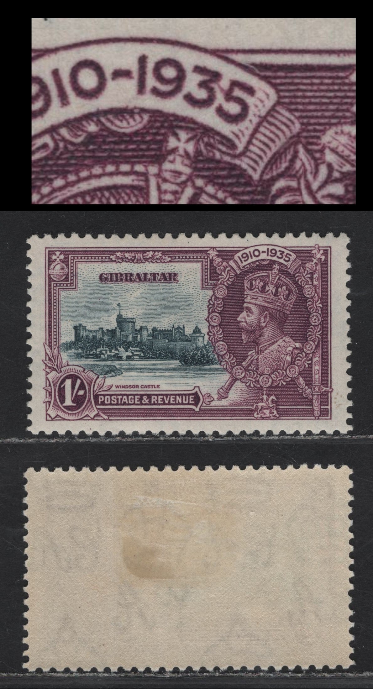 Lot 296 Gibraltar SG#117var 1/- Slate & Purple KGV & Windsor Castle, 1935 Silver Jubilee Issue, A VFOG Single, Showing 3 & 5 Of 1935