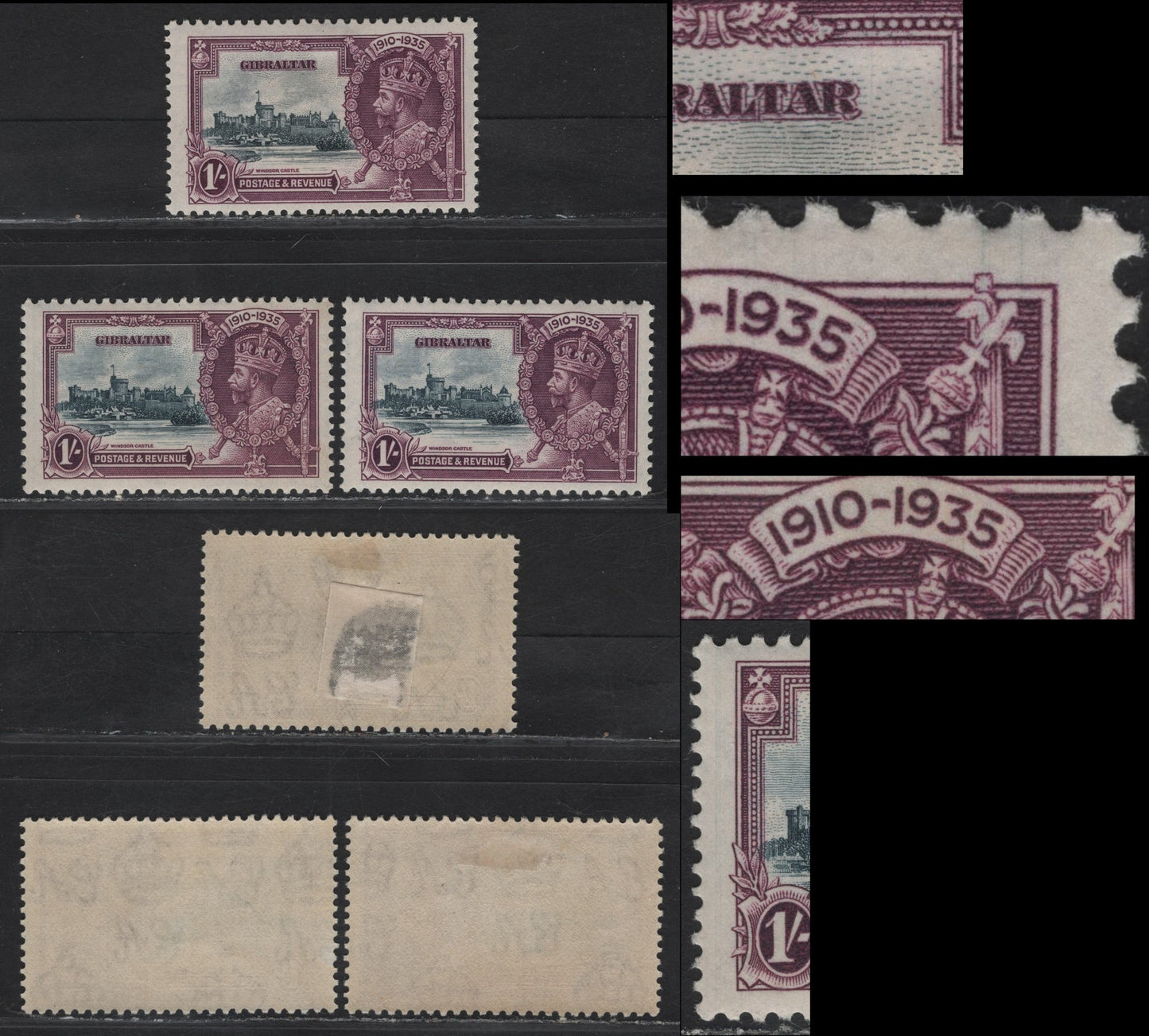 Lot 297 Gibraltar SG#117var 1/- Slate & Purple KGV & Windsor Castle, 1935 Silver Jubilee Issue, 3 VFOG Singles, Showing Feint Vignette Plate Cracks In Left Margin, Through 3 of 1935, In The UR Margin & To The Right Of R Of Gibraltar.