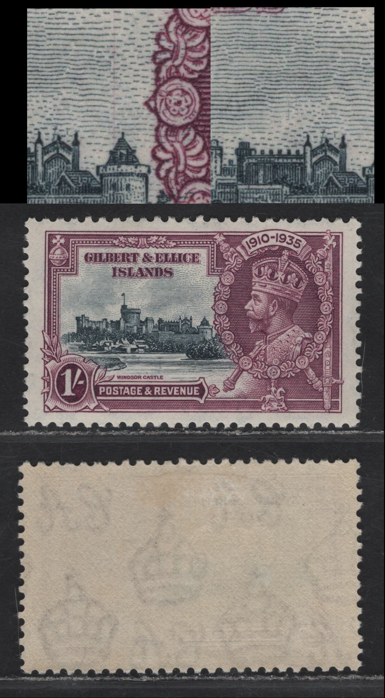 Lot 303 Gilbert & Ellis Islands SG#39var 1/- Slate & Rose Purple KGV & Windsor Castle, 1935 Silver Jubilee Issue, A VFOG Single, Vertical Hairline Frame Plate Crack Through Curfew Tower & Reverse Lighting Conductor