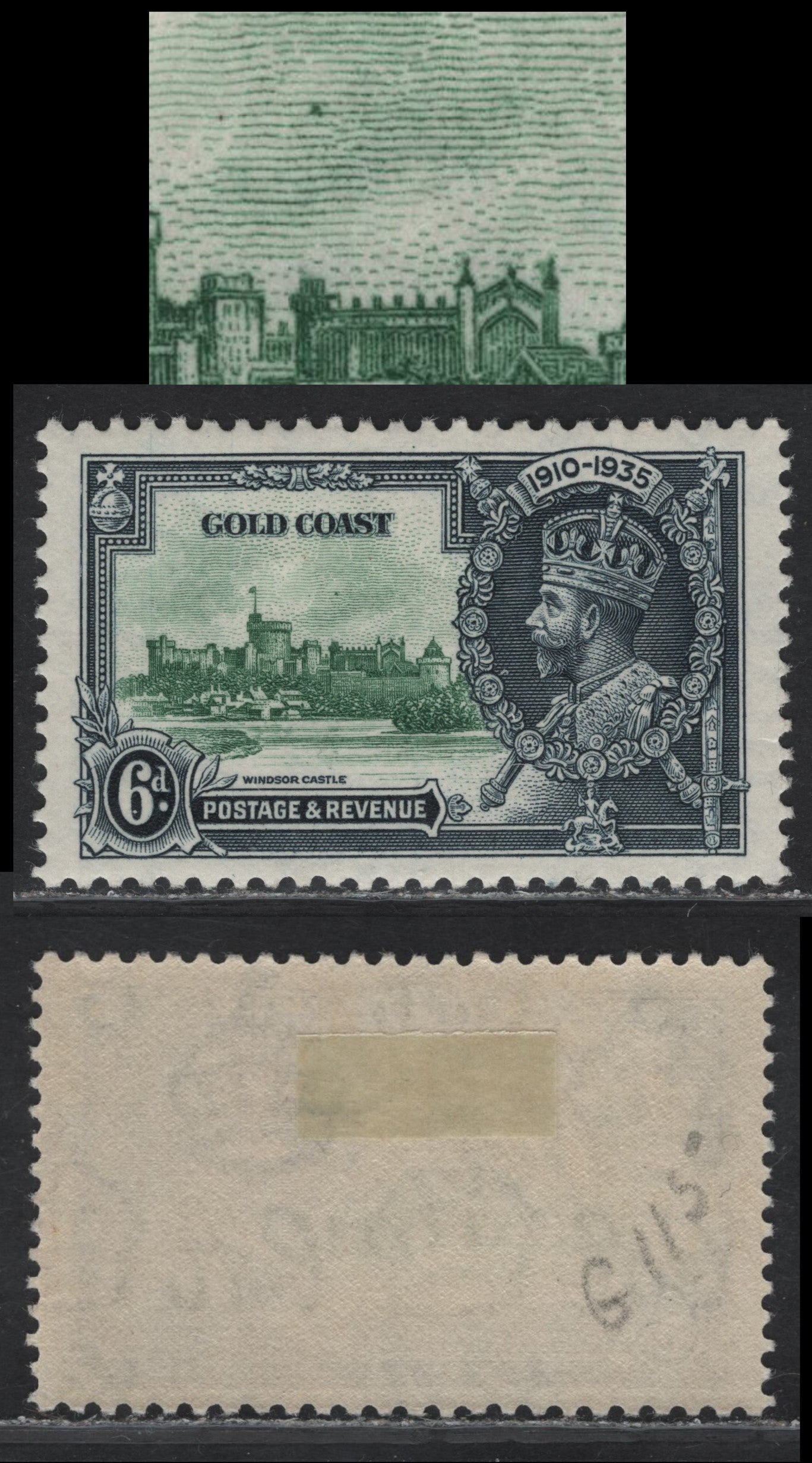 Lot 309 Gold Coast SG#115var 6d Green & Indigo KGV & Windsor Castle, 1935 Silver Jubilee Issue, A VFOG Single