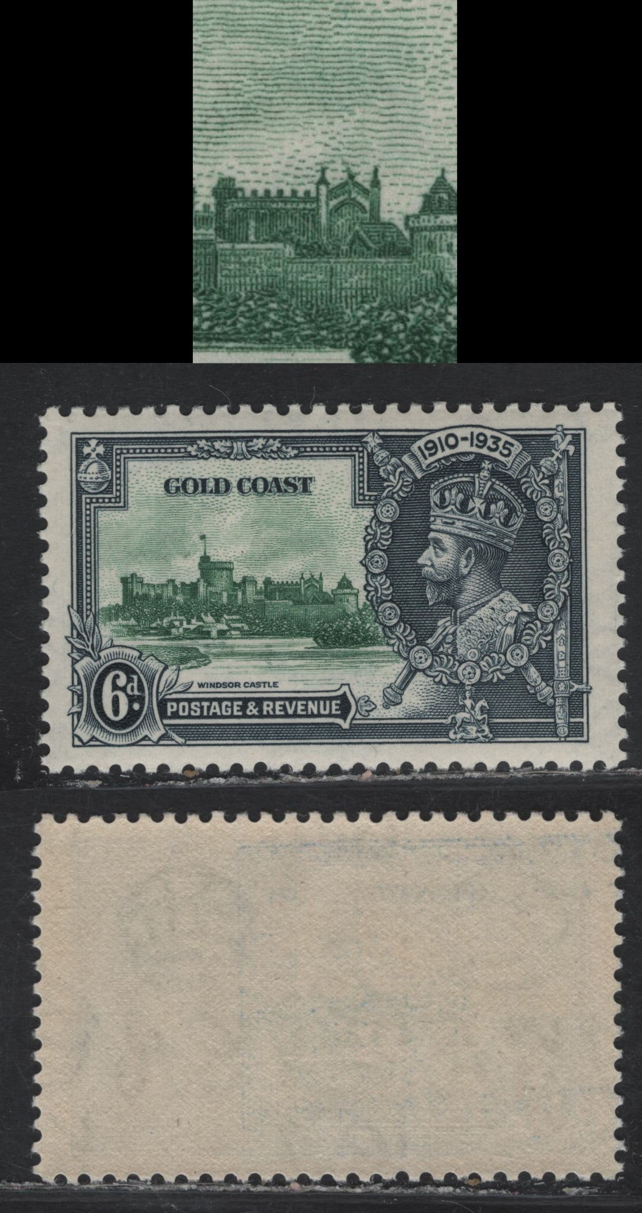 Lot 311 Gold Coast SG#115var 6d Green & Indigo KGV & Windsor Castle, 1935 Silver Jubilee Issue, A VFNH Single, Diagonal Extension To Gable Of Chapel