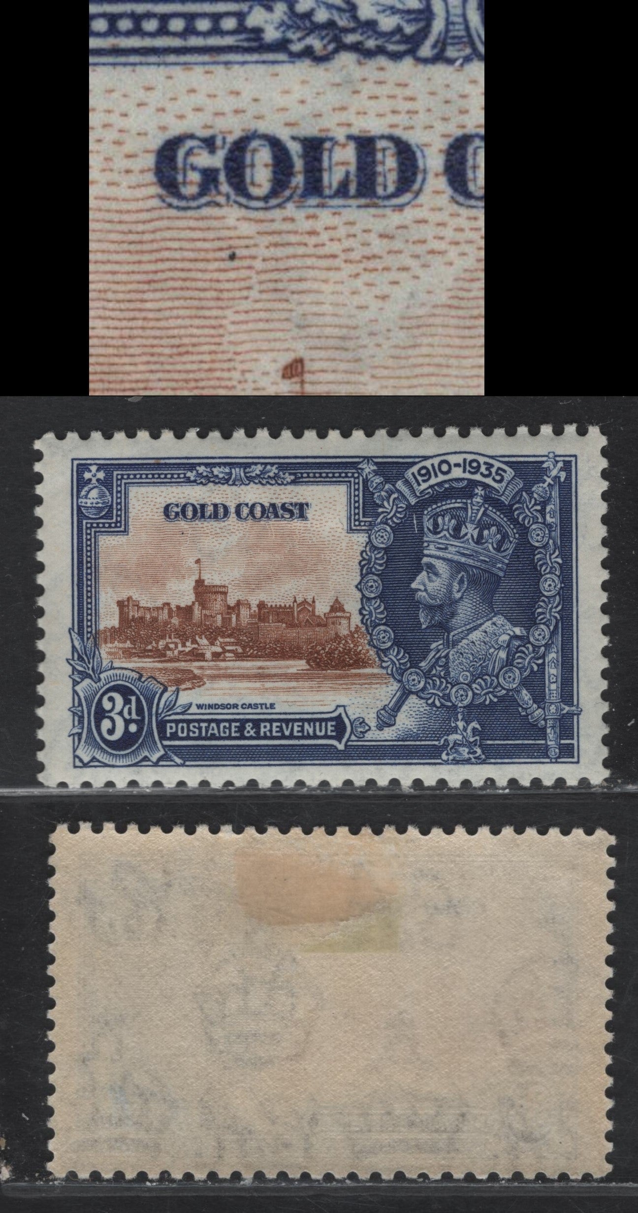 Lot 316 Gold Coast SG#114var 3d Chestnut & Deep Blue KGV & Windsor Castle, 1935 Silver Jubilee Issue, A VFOG Single, Dot below 'GO' of Gold