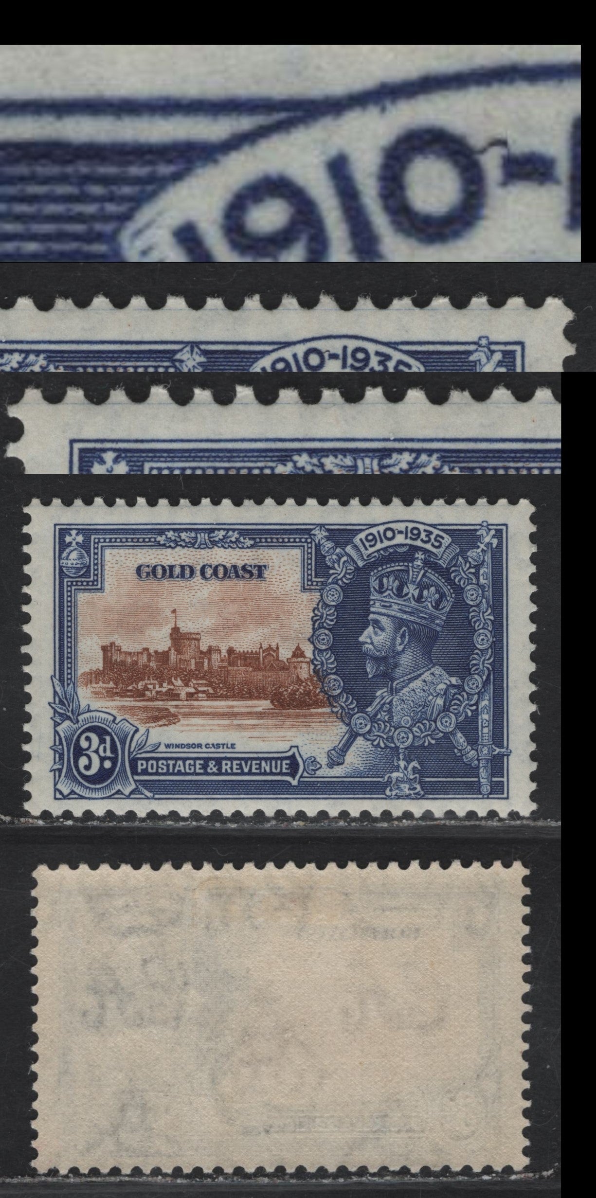 Lot 317 Gold Coast SG#114var 3d Chestnut & Deep Blue KGV & Windsor Castle, 1935 Silver Jubilee Issue, A VFOG Single, Full Horizontal Guideline In Upper Margin & Tilde Joining '0' of 1910 and Dash