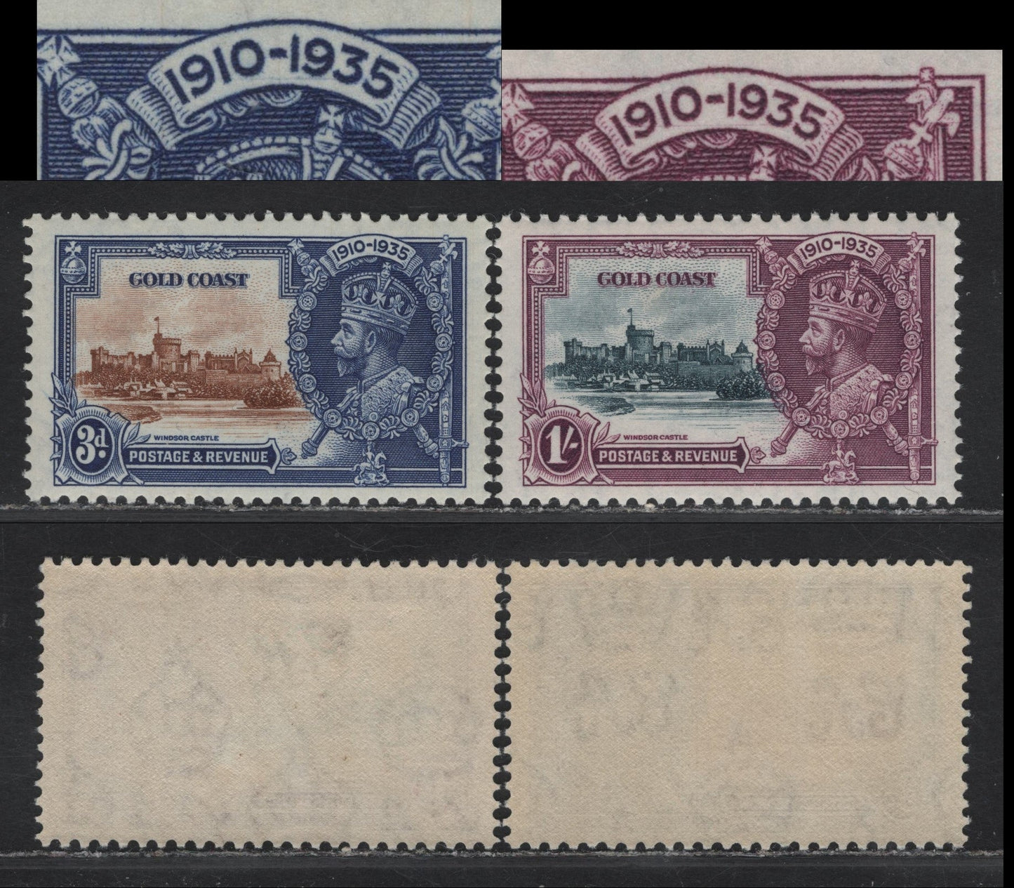 Lot 318 Gold Coast SG#114var, 116var 3d & 1/- Chestnut & Deep Bright Blue - Slate & Purple KGV & Windsor Castle, 1935 Silver Jubilee Issue, 2 VFOG Singles, Showing Horizontal Guideline Though Dates
